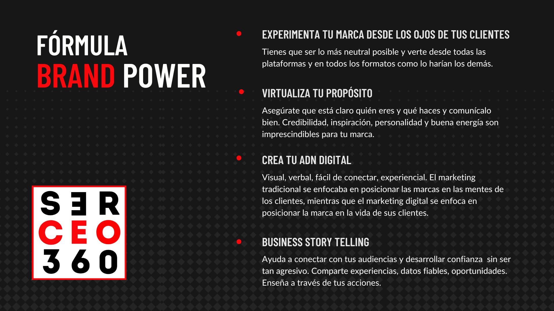 Imagen con texto sobre estrategia de marca, que incluye título 'FÓRMULA BRAND POWER' y recomendaciones para conectar con clientes y crear marca digital, con esquema de servicio y consejos para fidelizar a la audiencia.