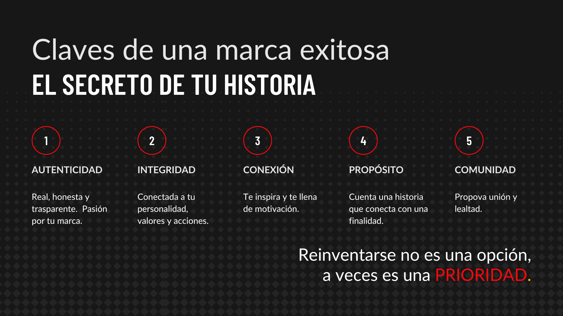 Infografía que presenta las claves de una marca exitosa, incluyendo autenticidad, integridad, conexión, propósito y comunidad, con un mensaje final sobre la importancia de reinventarse como prioridad.