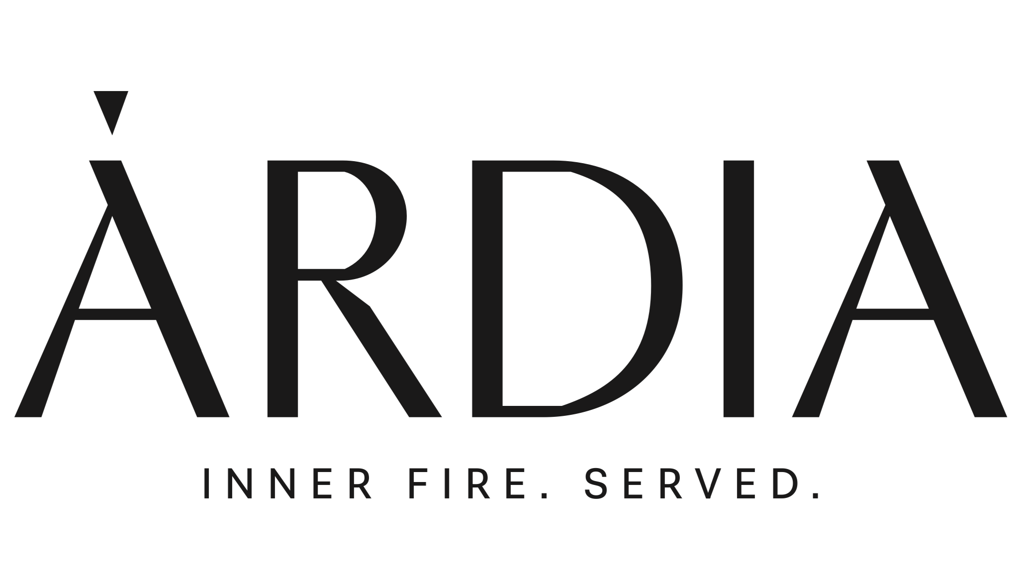 Logotipo en negro y blanco de Ardía con la palabra 'ARDÍA' en letras grandes y la frase 'Inner fire. Serve.' debajo.