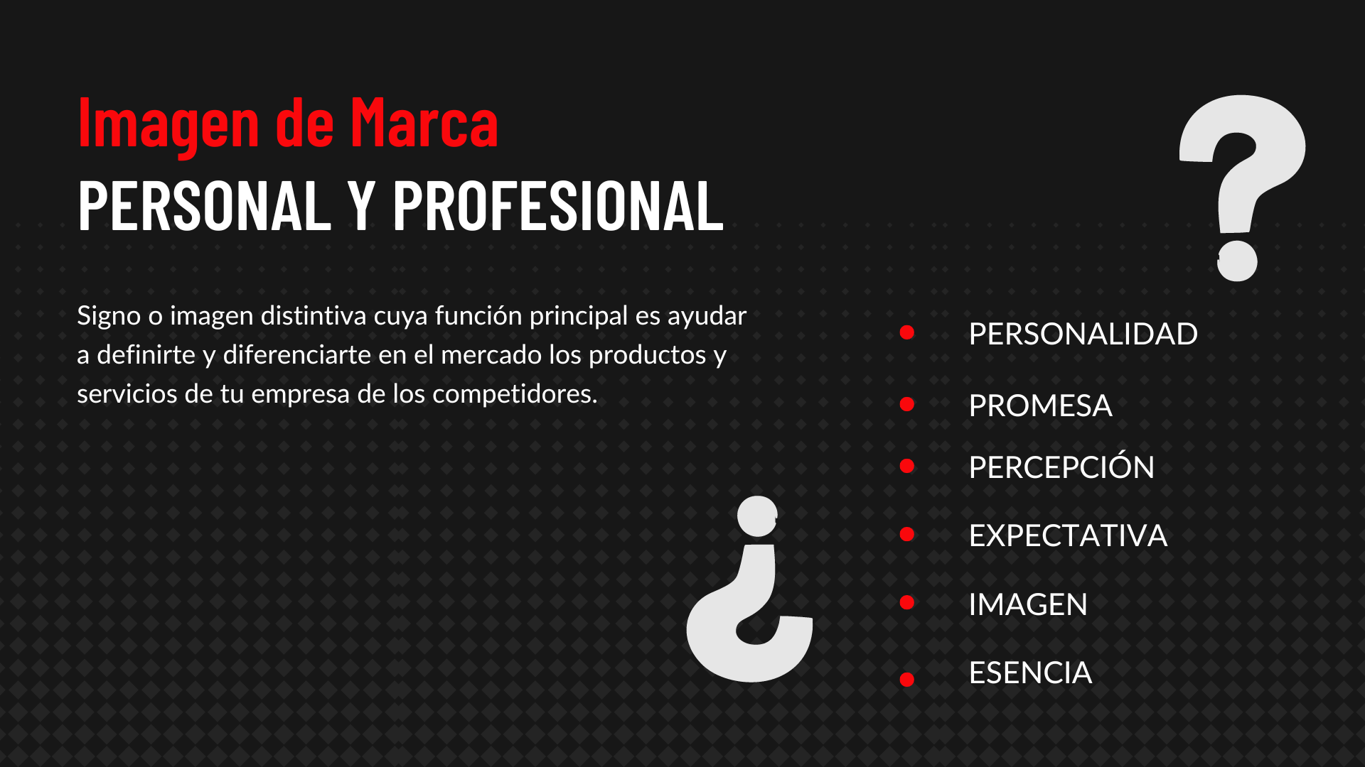 Diapositiva que explica la importancia de la marca en el ámbito personal y profesional, con un icono de una marca y lista de componentes como personalidad, promesa, percepción, expectativa, imagen y esencia.