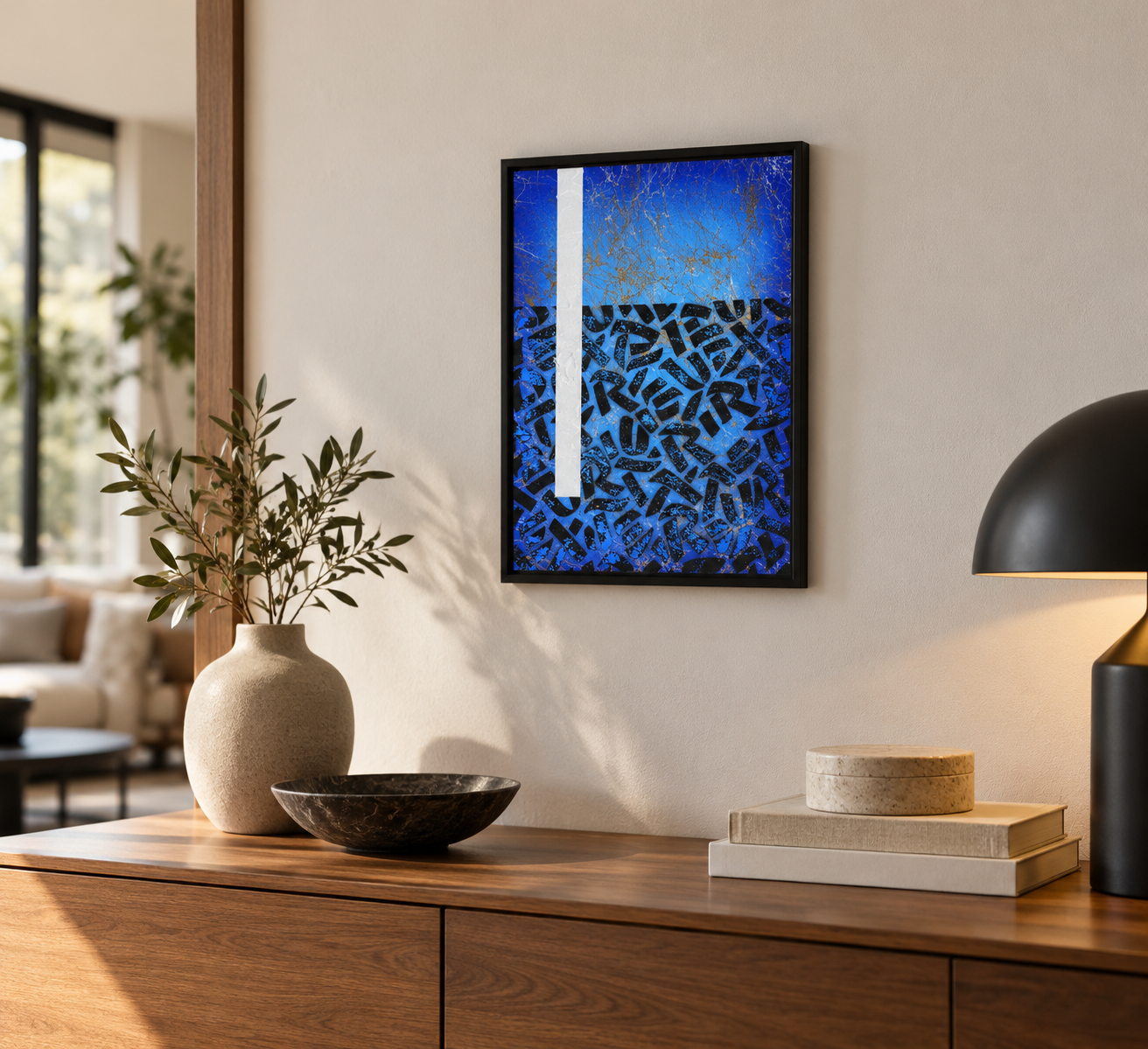Blue Abstract Art Above Warm Wooden Console-4.png