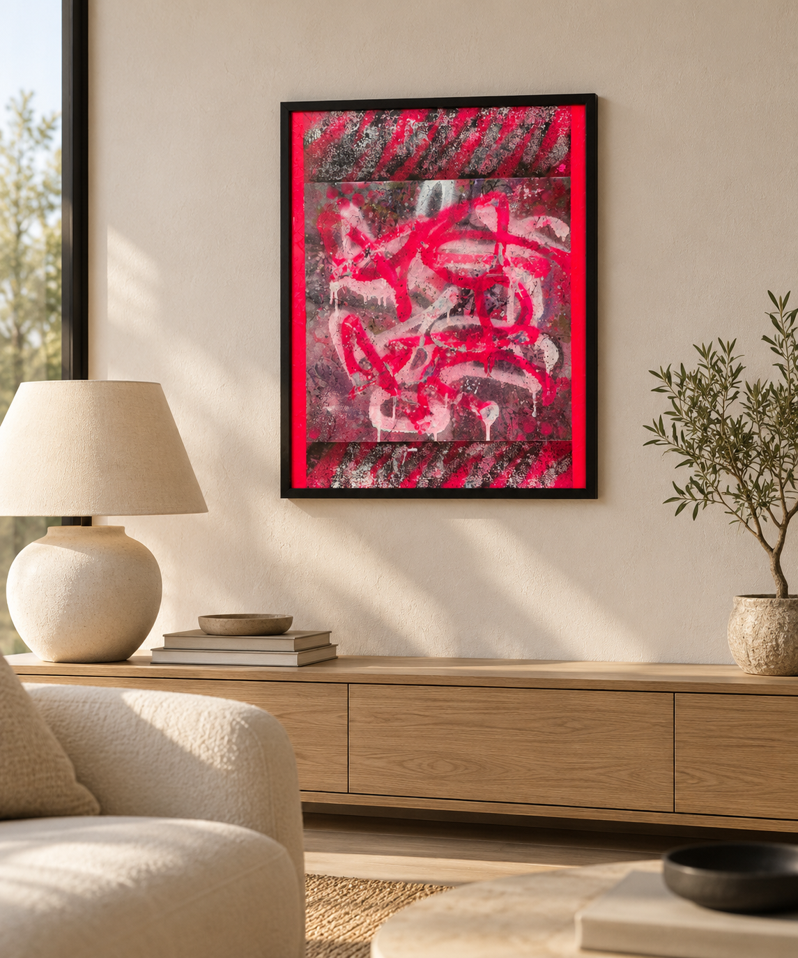 Warm Japandi Interior with Red Graffiti Art.png