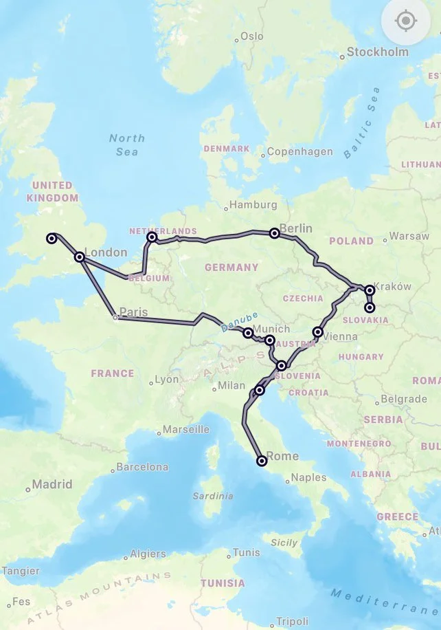 Map showing a travel route through several European cities, including Rome, Milan, Munich, Berlin, Amsterdam, and London.