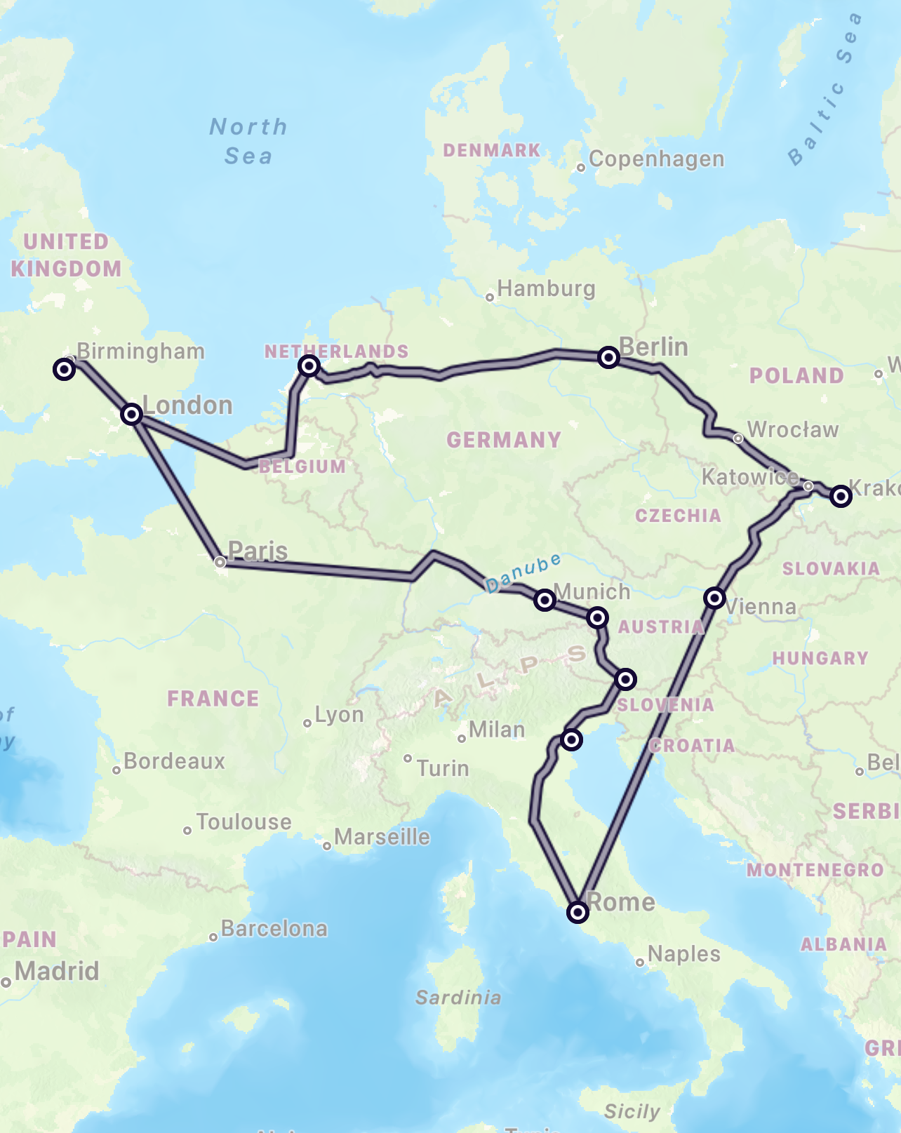 Map of Europe showing a travel route through multiple countries including Italy, Greece, Slovenia, Austria, Germany, Belgium, Netherlands, and the United Kingdom.