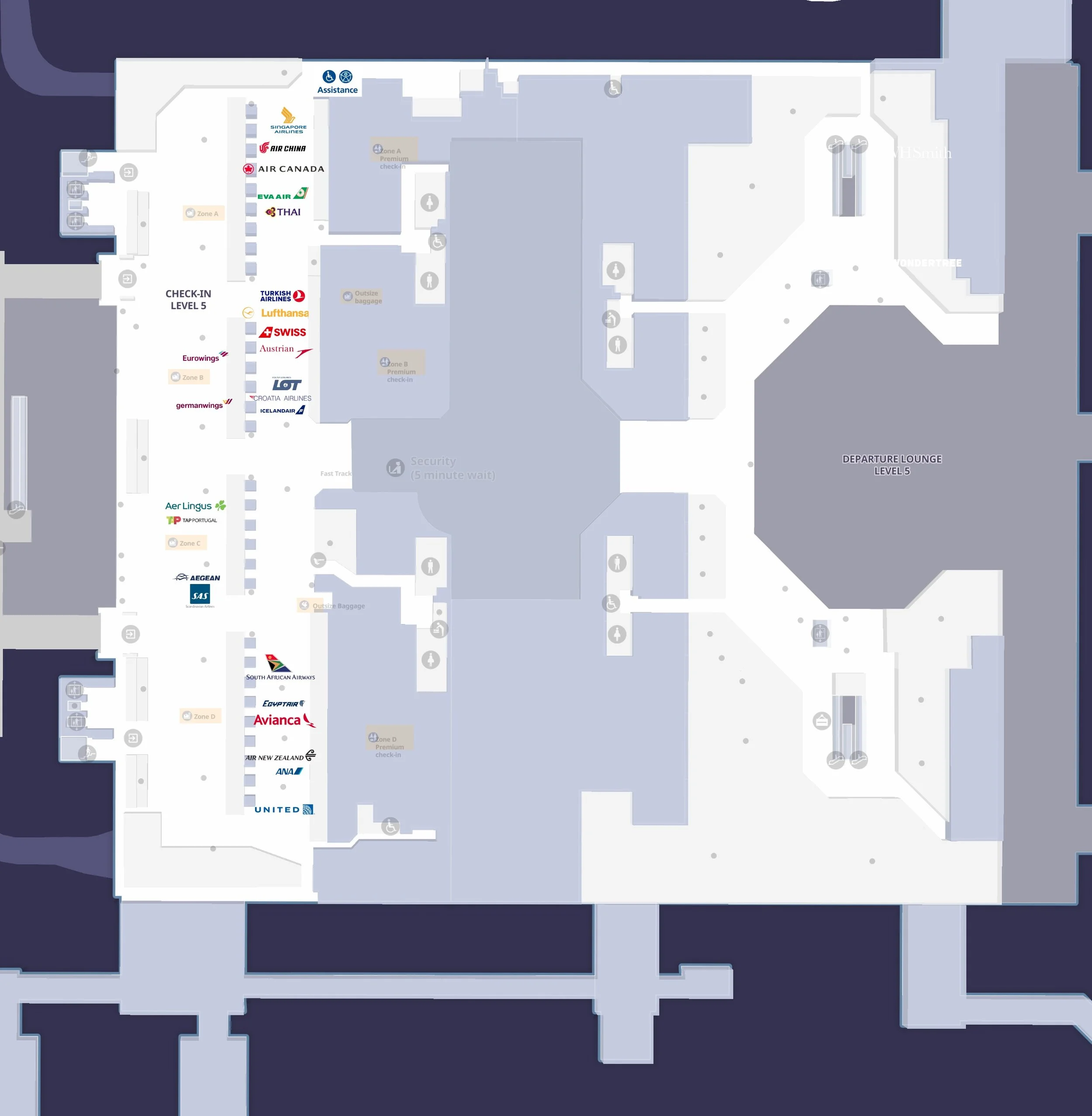 Floor plan of an airport terminal with airline check-in counters on level 5, including airlines like Singapore Airlines, Air China, EVA Air, Thai Airways, Lufthansa, Swiss, Austrian, LOT, Icelandair, Aer Lingus, TAP Portugal, Aegean, SAS, South African Airways, Egyptair, Avianca, Air New Zealand, and United, along with security and departure lounge areas.