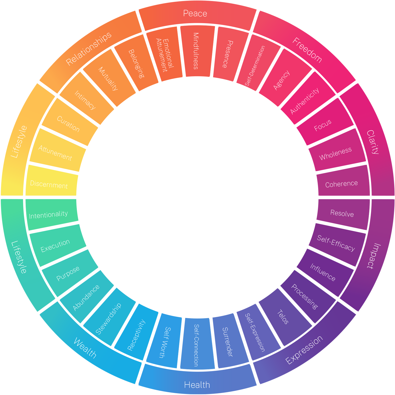True Self Profile signature wheel — 30 dimensions across 12 life domains — Mike McGregor Melbourne executive coach