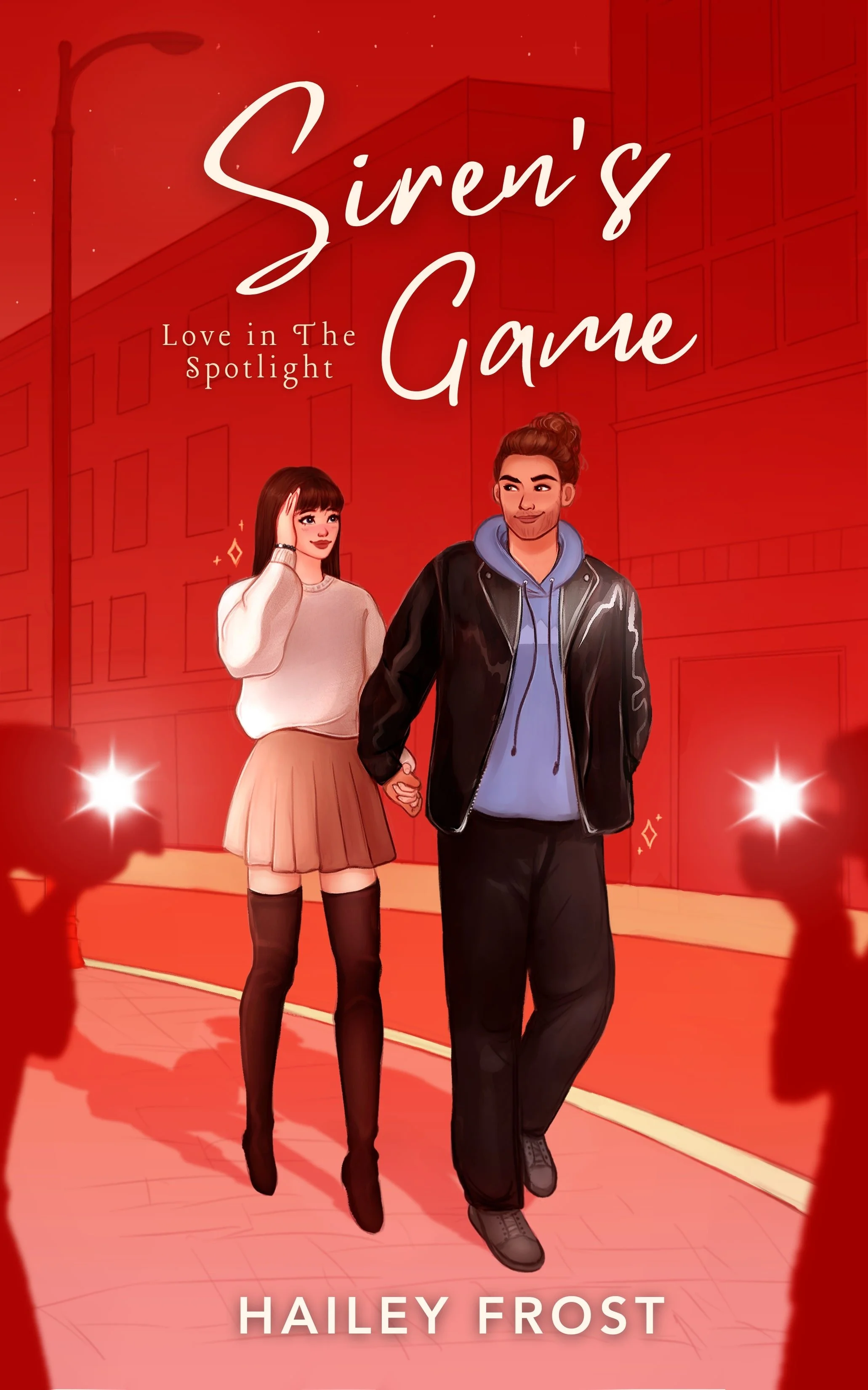 Illustrated Cartoon Romance book Cover with a brunette woman wearing beige skirt and cream sweatshirts and man wearing black jacket  and dark jeans over a red background, the title Siren's Game Above them.