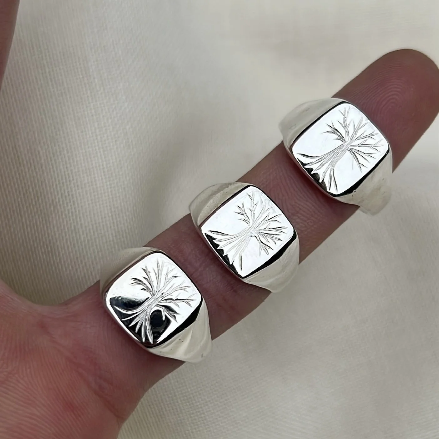silver tree square signet rings from melted gold
