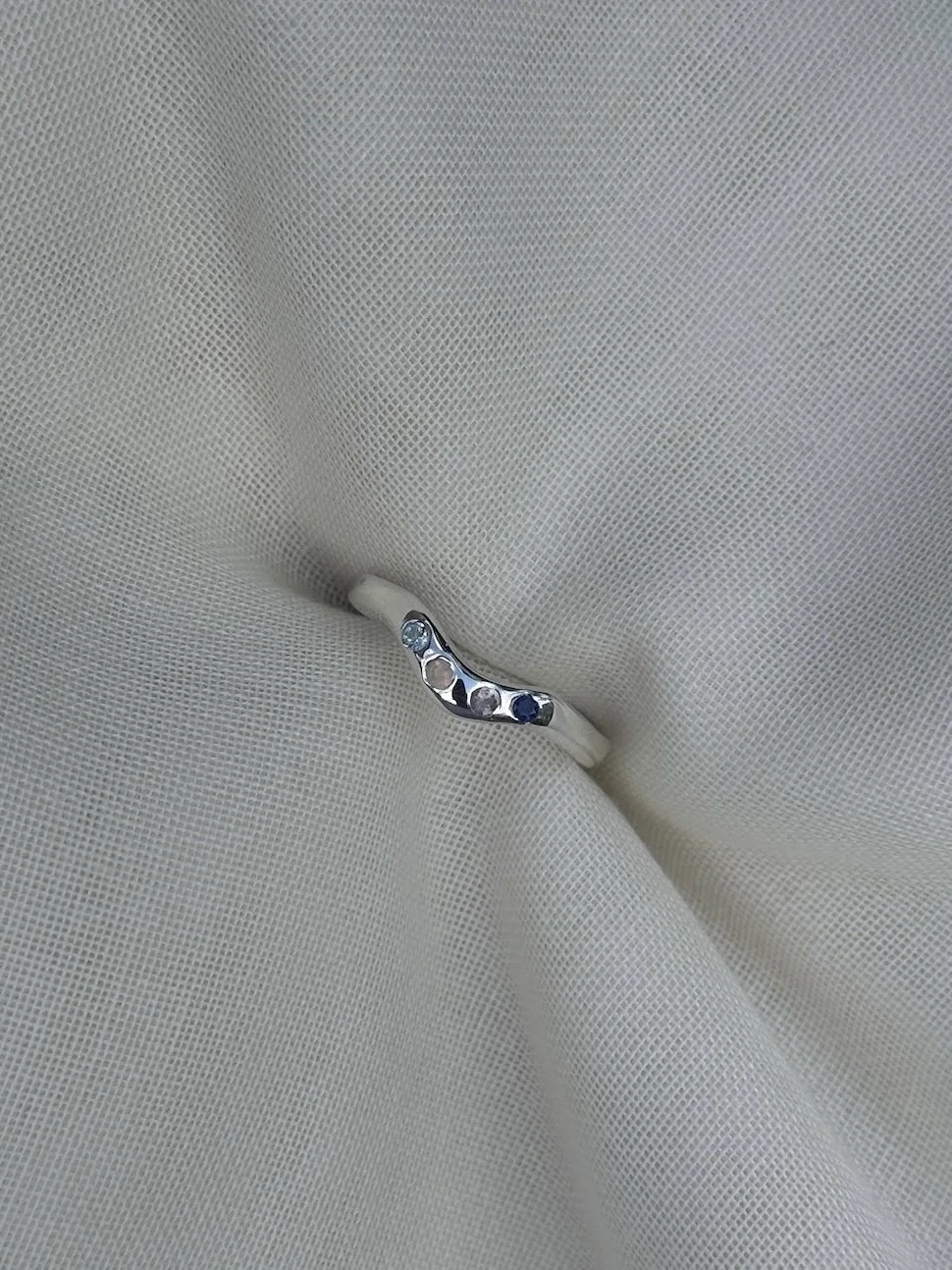 Blue topaz, Opal, Morganite, Blue Sapphire Curved Acrostic Ring