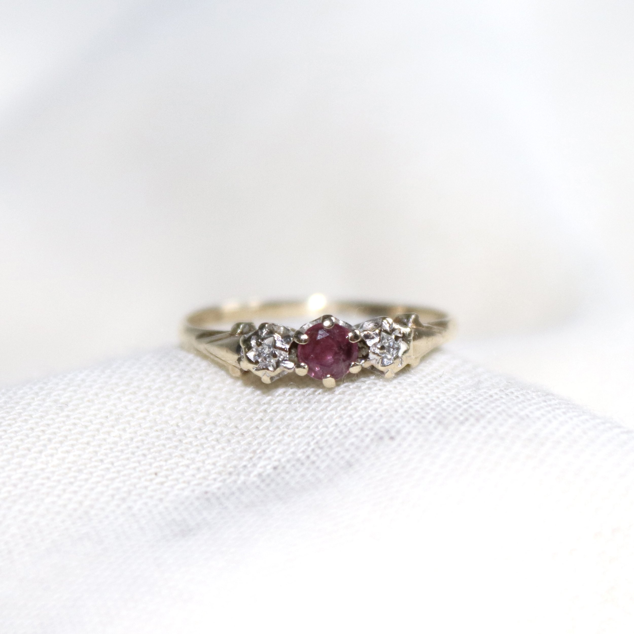 9ct Gold Ruby and Diamond Ornate Trilogy Ring