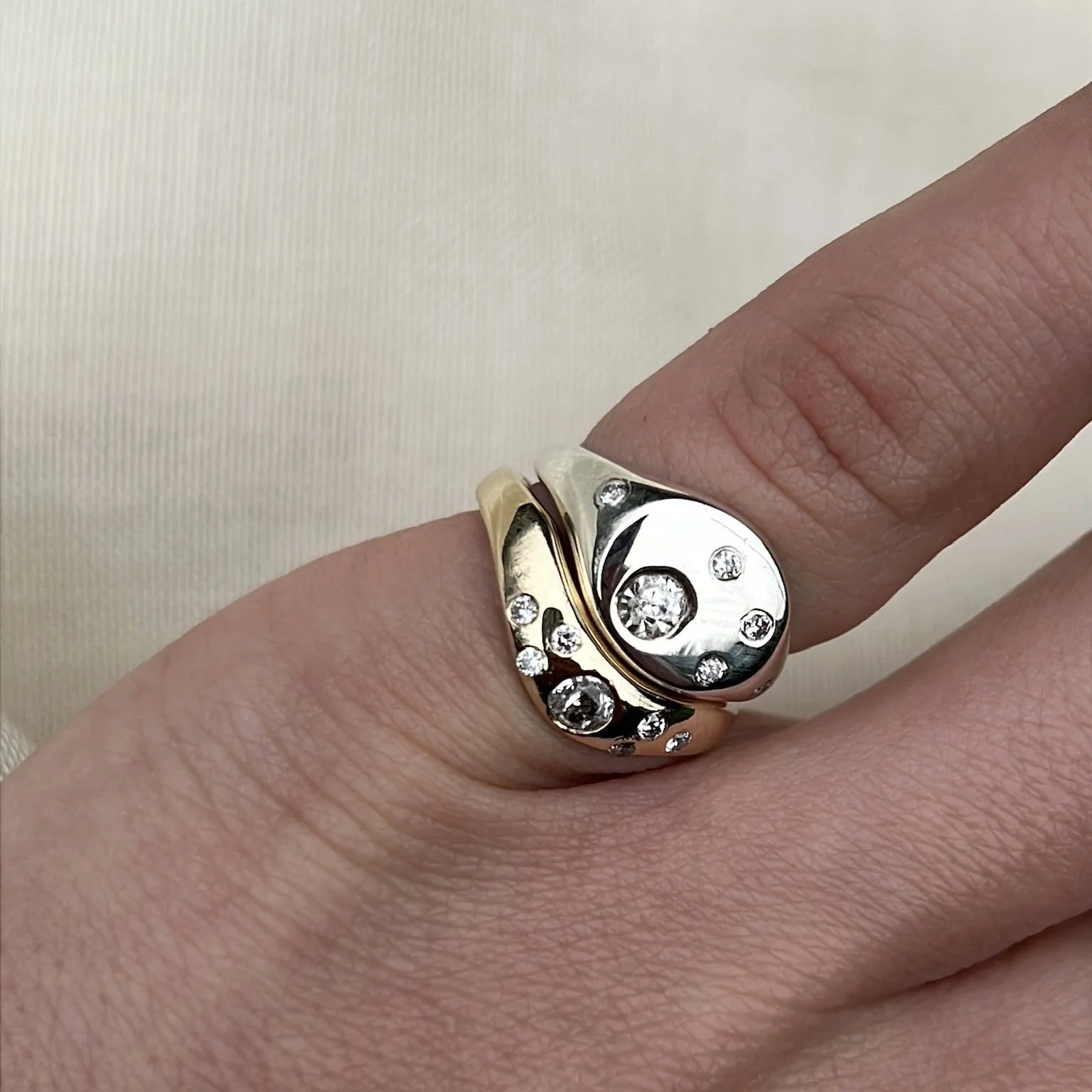 Signet ring and curved ring liner stacking pair