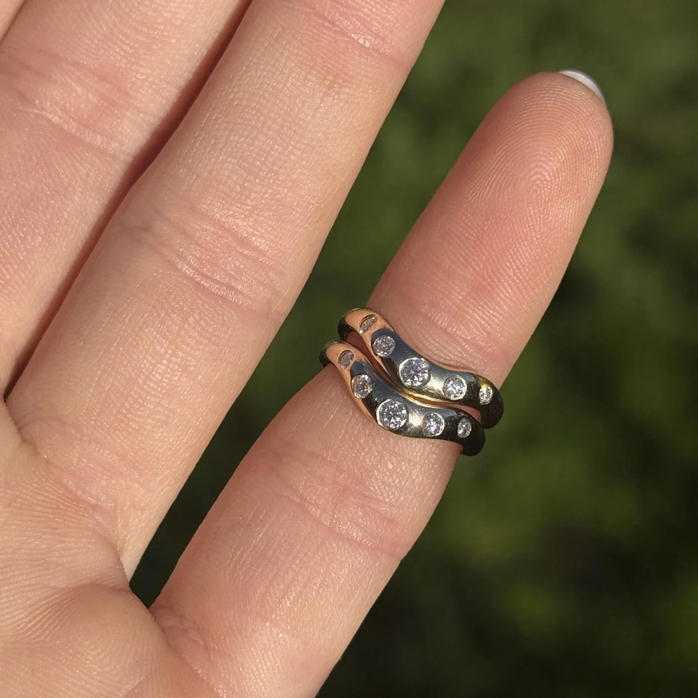 A Pair of 14ct Yellow Gold Curved Diamond Pinky Rings