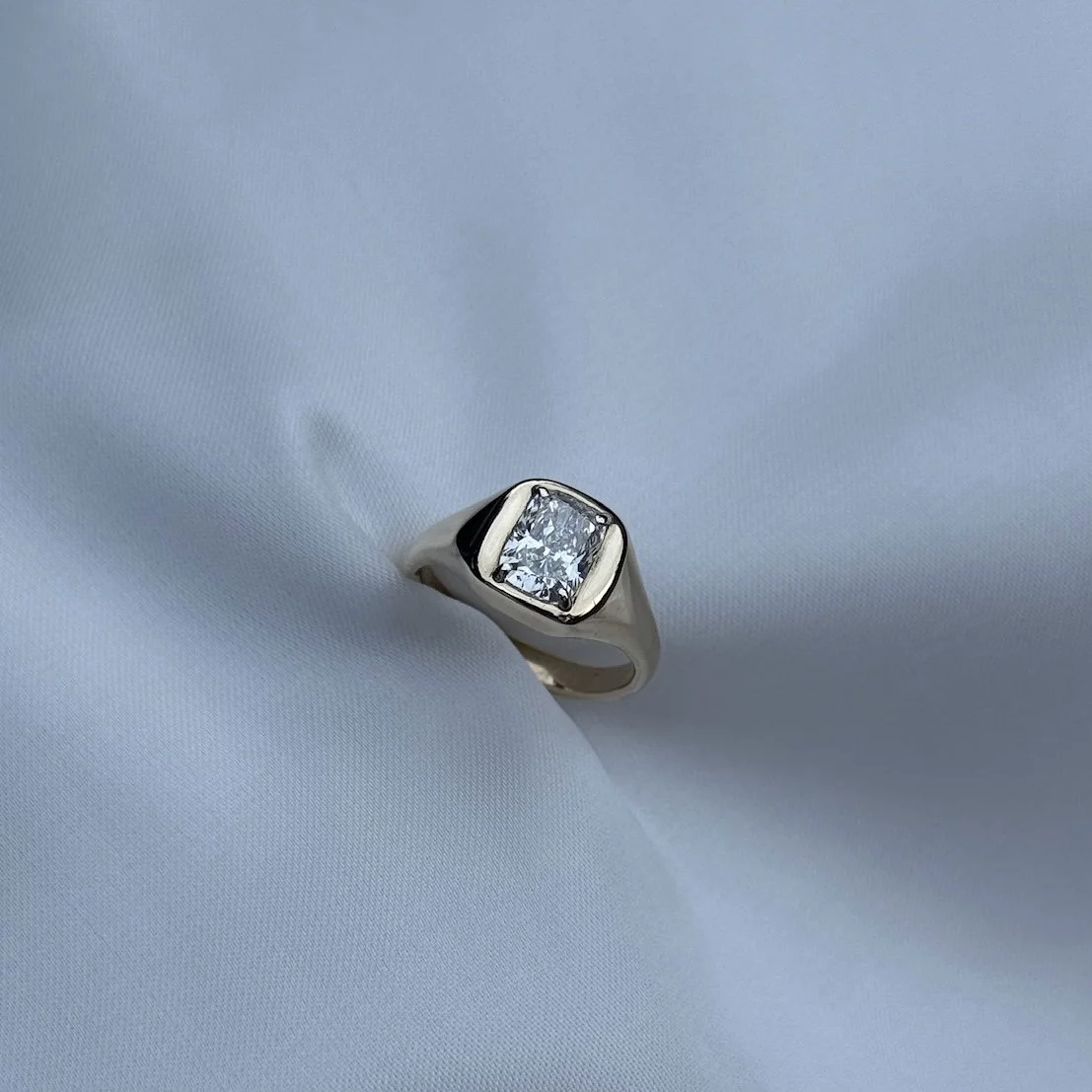Bespoke 9ct Yellow Gold Cushion Cut White Gold Claw Set Diamond Signet Ring