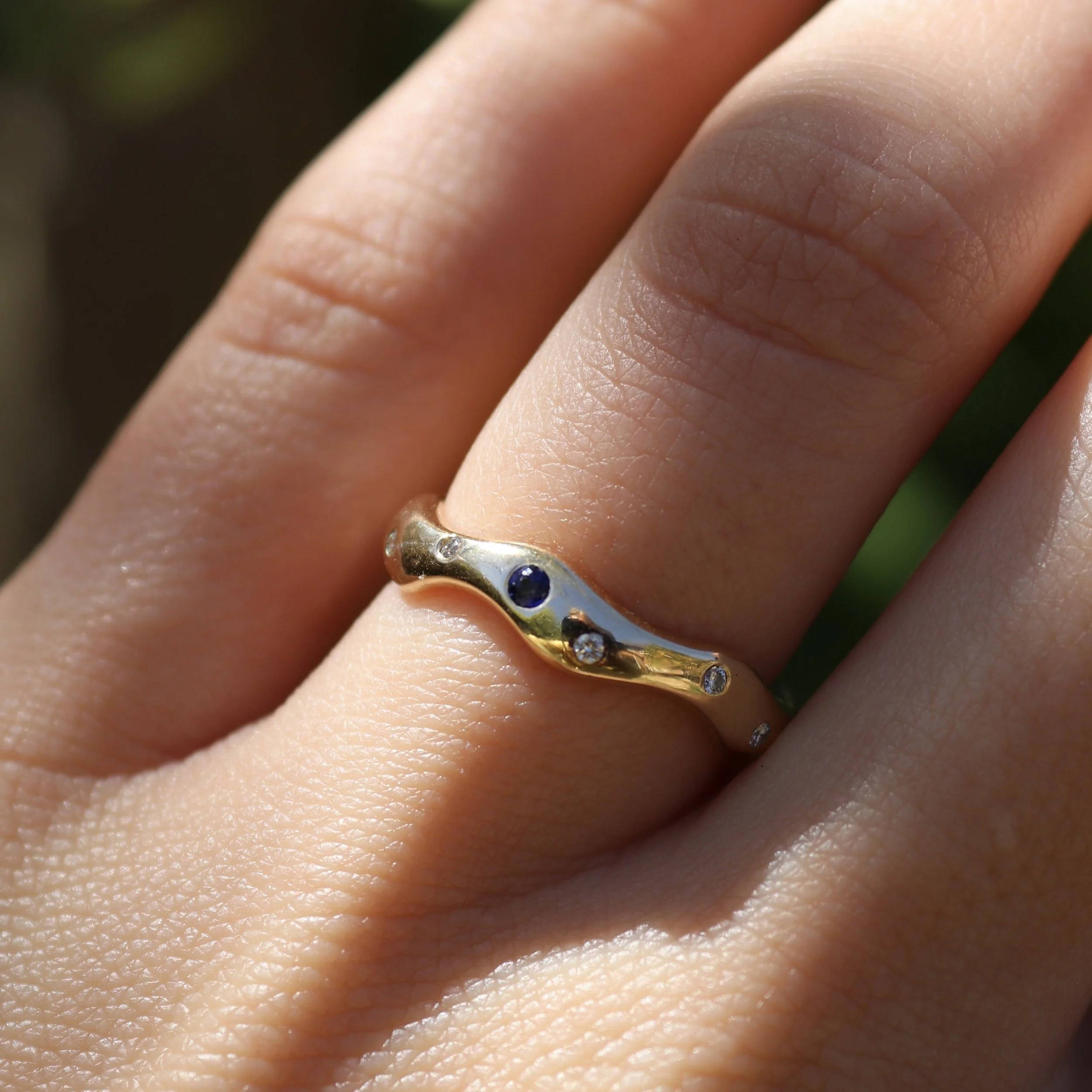 9ct gold sapphire wave band unique ring