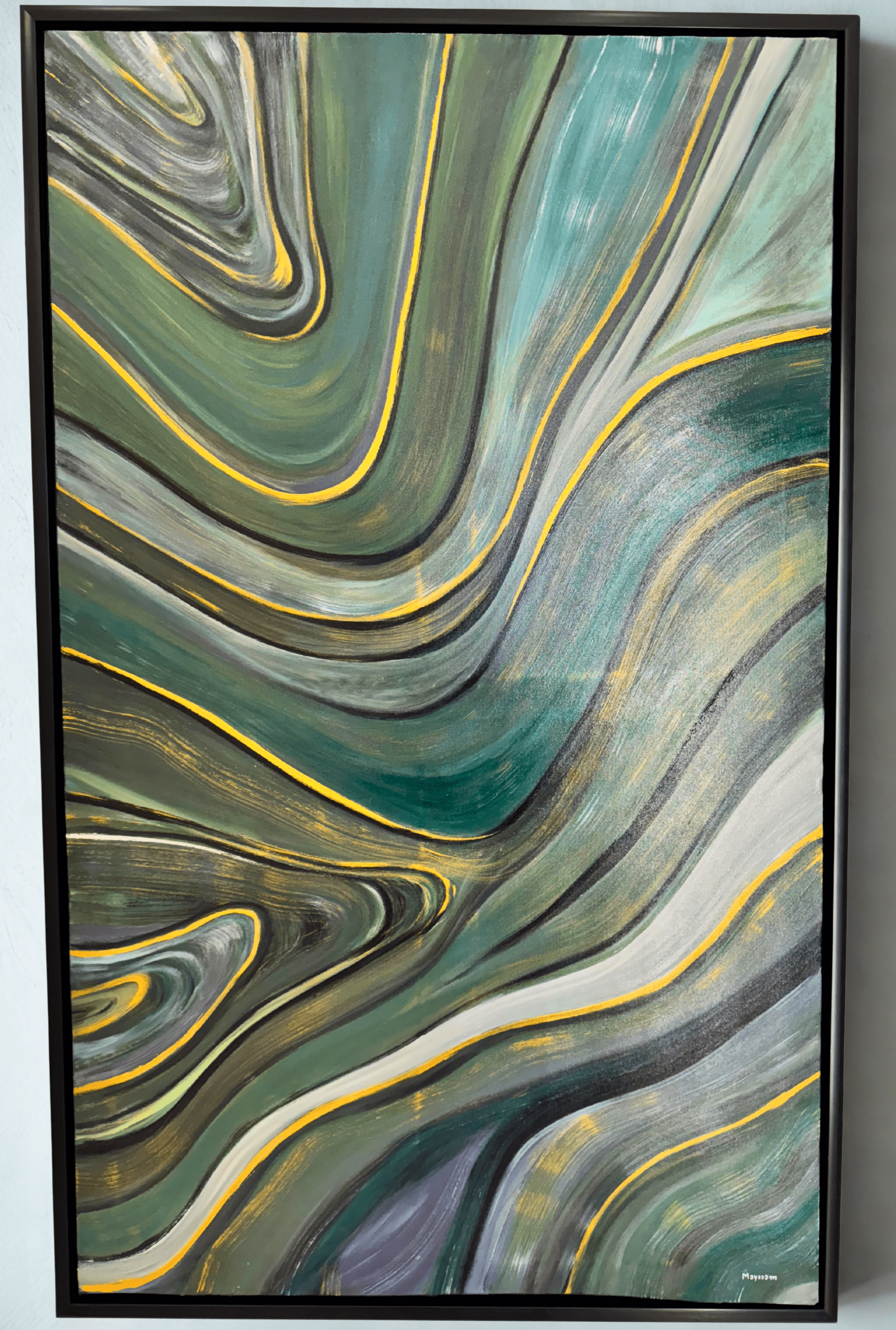 Large textured abstract painting with green, gold, and flowing lines symbolizing transformation and emotional expression in mKunstraum art