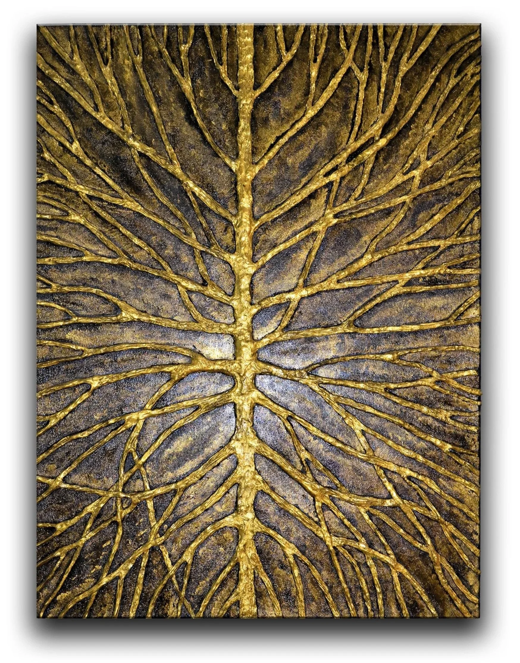 Textured mixed media artwork featuring a gold tree with branching forms, symbolizing growth, identity, and transformation in mKunstraum