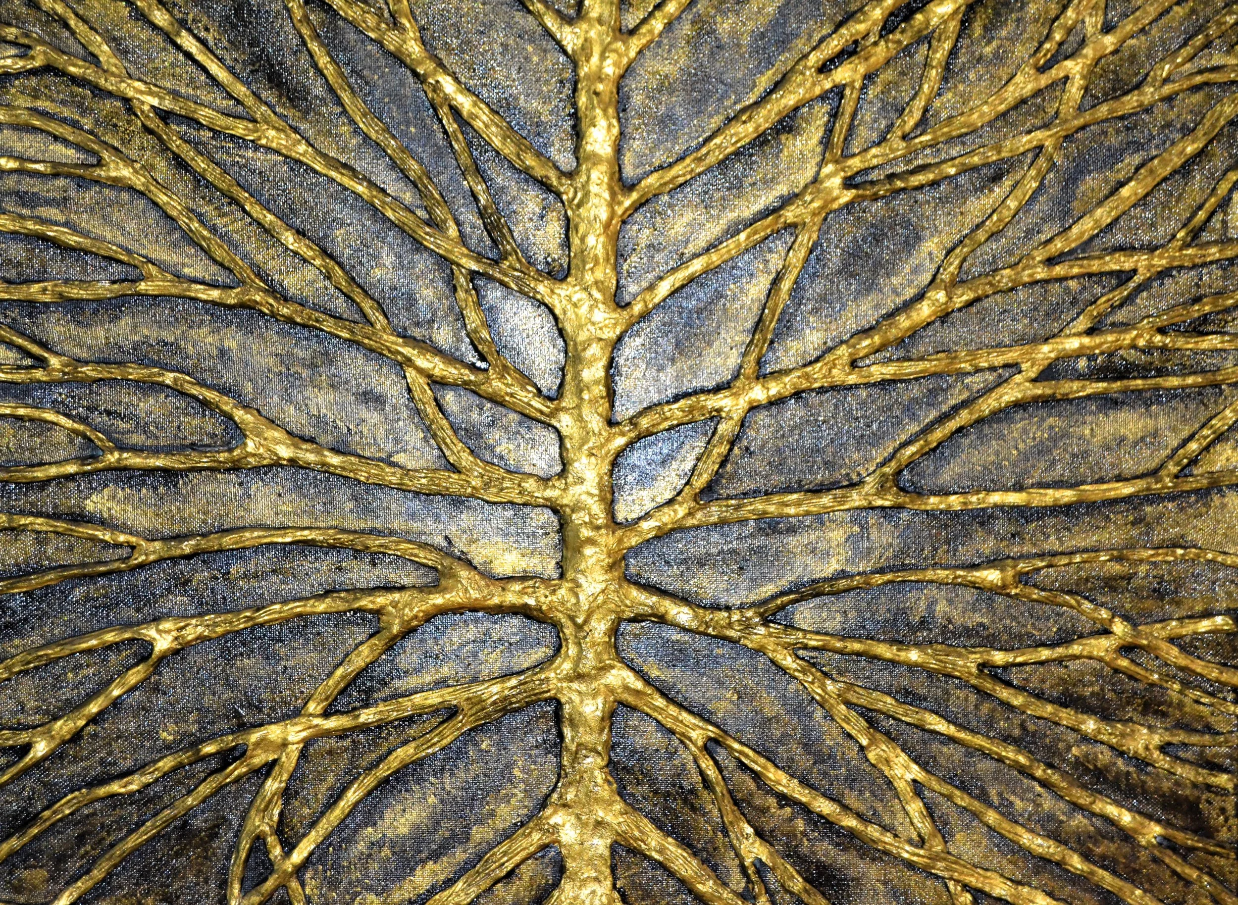 tree abstract 3d mixed media artwork with gold leaf