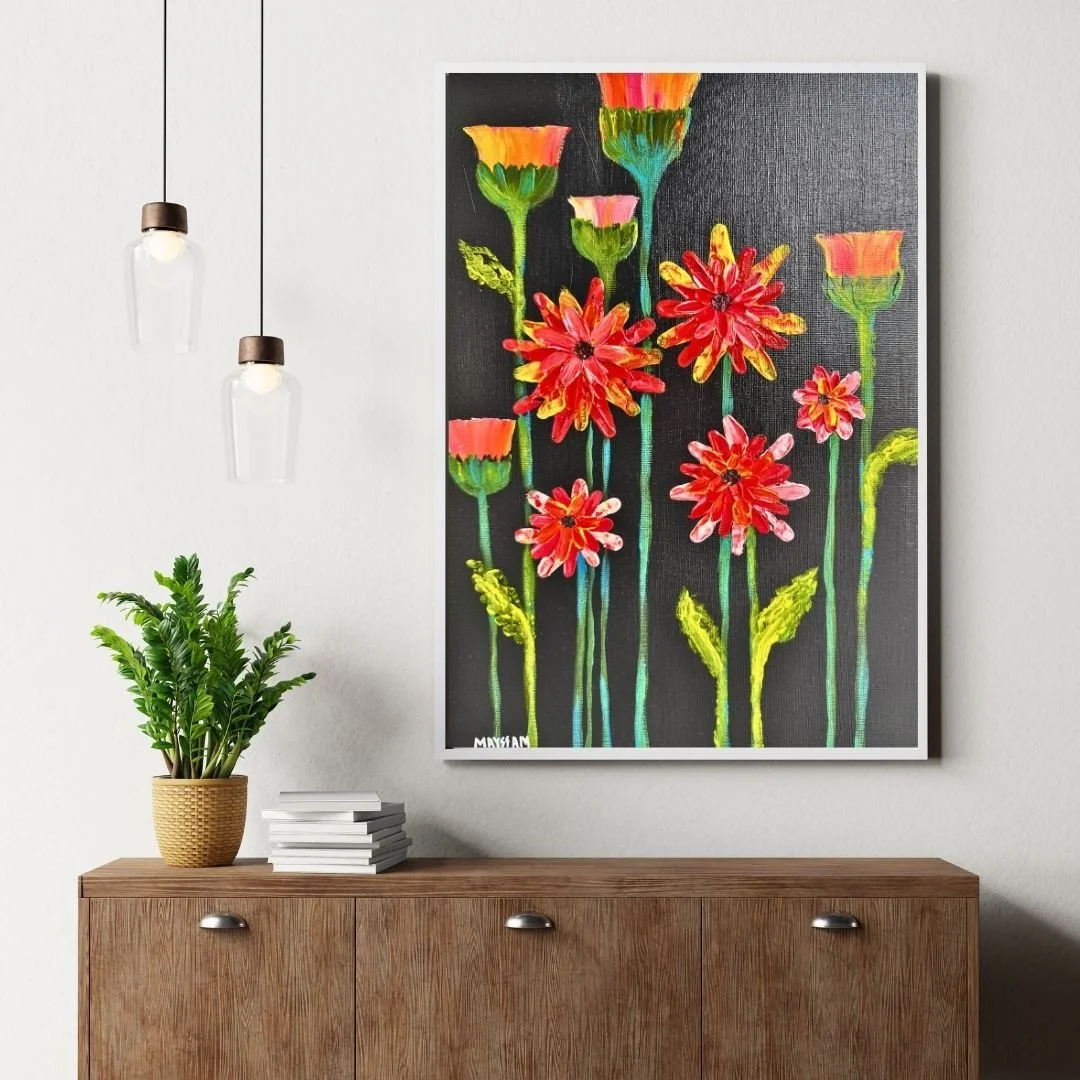 Colorful floral textured handmade and authentic painting .
