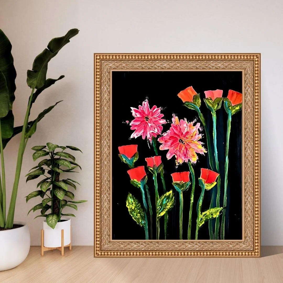 Colorful floral textured painting blooming