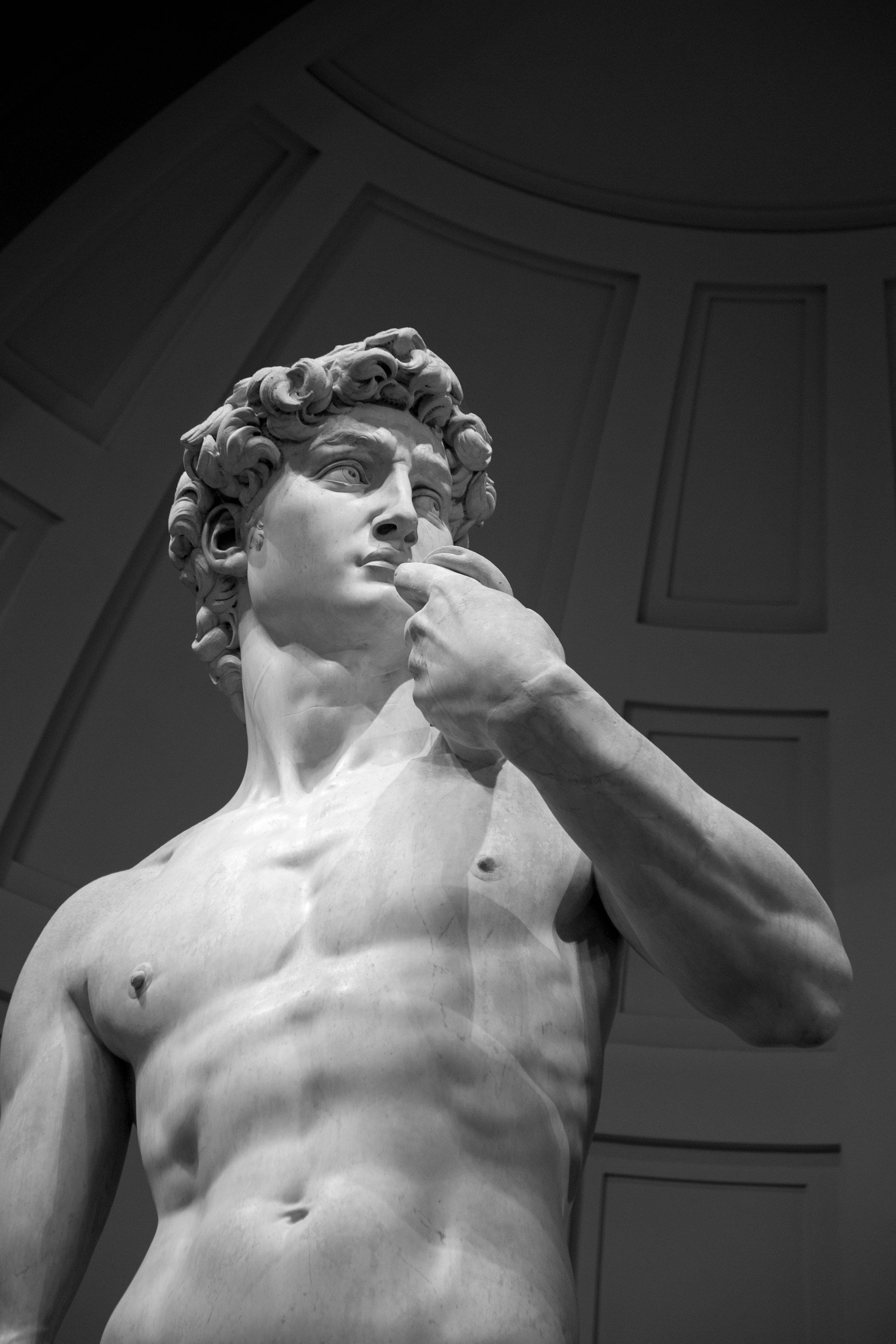 Black and white photo of Michelangelo's marble sculpture David, showing his face, hand, and upper torso, with a view looking up from below.