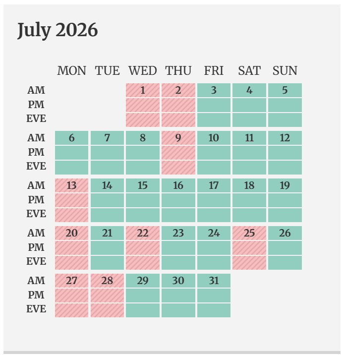 Chris availability for July 2026