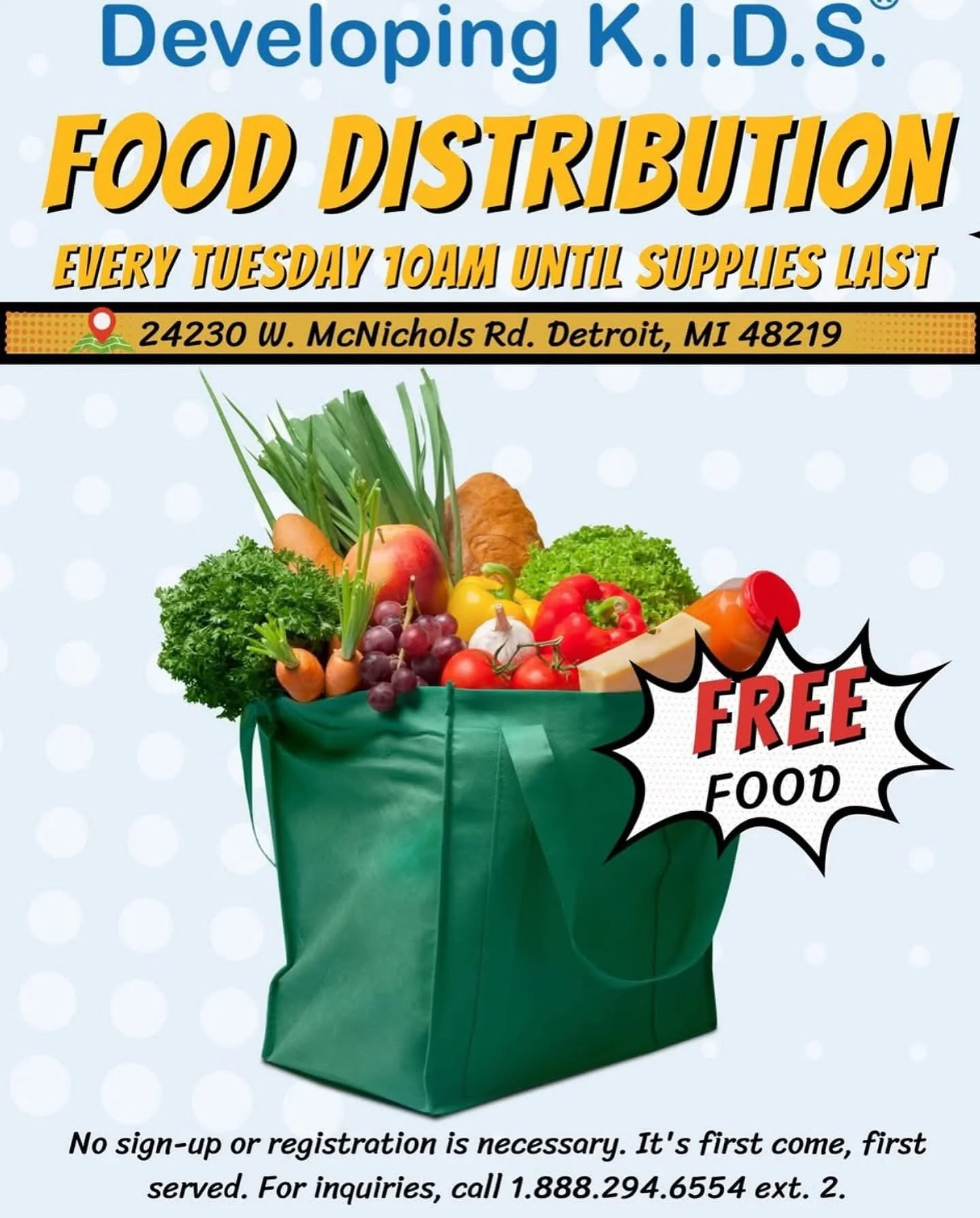 Tuesday 🫡 Stop by and grab your groceries! 
Our weekly food distribution is every Tuesday
10AM - Until supplies last at 
24230 W McNichols Rd. in Detroit, MI.

When you arrive, you&rsquo;ll receive a number. Beginning at 10 AM, we will start calling