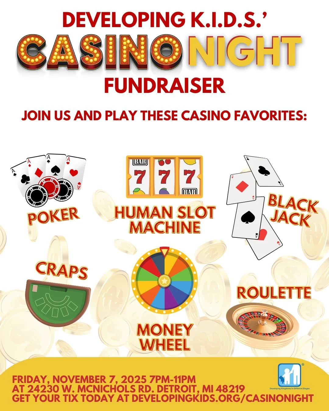 Feeling Lucky? Join the Fun! 🎲 Don’t miss out — grab your tickets today at developingkids.org/casinonight
🎟️ Tickets range from $150–$275 (visit developingkids.org/casinonight)
🍱 Heavy hors d'oeuvres and a drink ticket are inclu