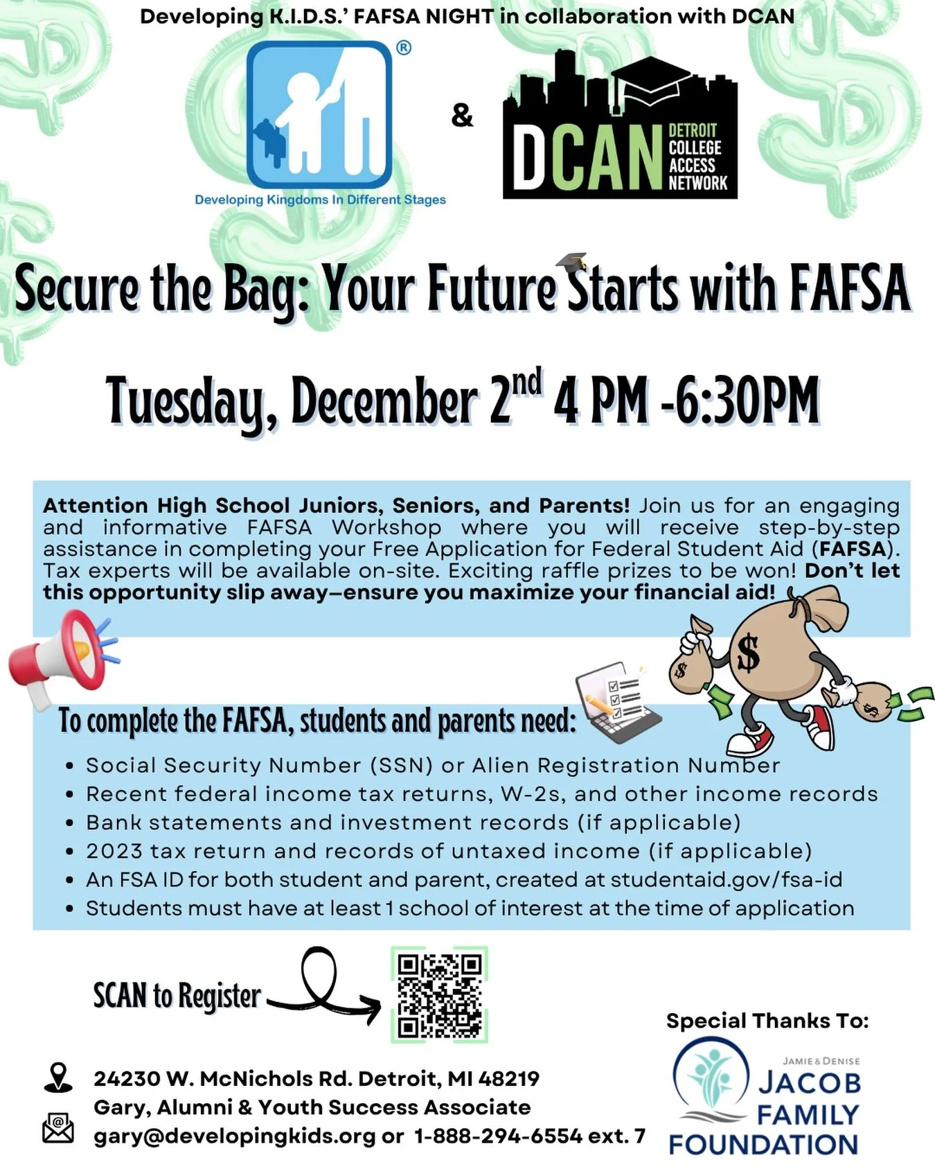 TONIGHT!! 

🗓️At 4:00 PM
💻 Laptops will be provided
🧾 Tax experts on-site
🎉 Exciting raffle prizes
🎓 Don&rsquo;t miss this chance to maximize your financial aid!

📍Developing KIDS - 24230 W McNichols Rd.
#fafsa #collegeaccess #resources #Detroi