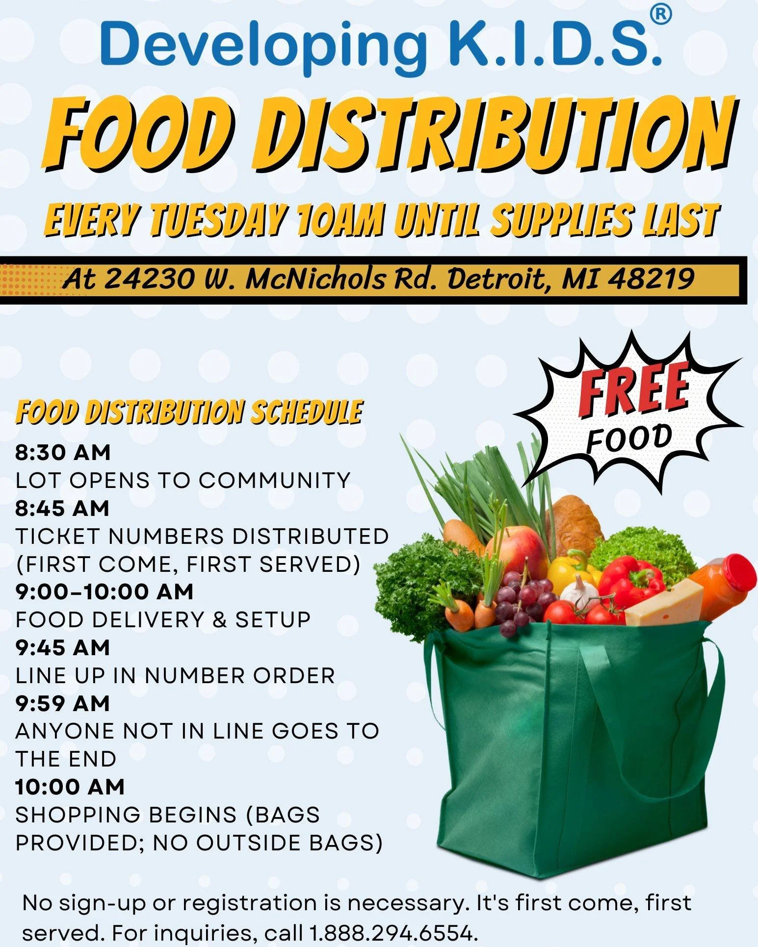Family, it&rsquo;s Tuesday 🫡
Stop by and grab your groceries!

🛒 Weekly Food Distribution
📅 Every Tuesday
⏰ 10:00 AM &ndash; until supplies last
📍 24230 W. McNichols Rd., Detroit, MI

Upon arrival, you&rsquo;ll receive a number. Distribution will
