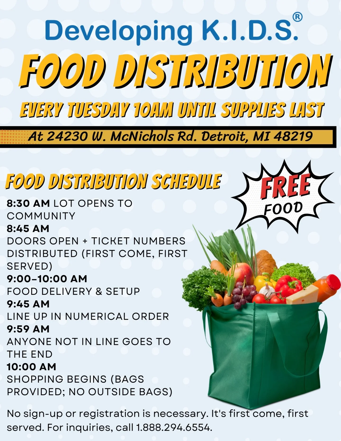 Food Distribution Tuesday 🫡
Stop by and grab your groceries!

🛒 Weekly Food Distribution
📅 Every Tuesday
⏰ 10:00 AM &ndash; until supplies last
📍 24230 W. McNichols Rd., Detroit, MI

Upon arrival, you&rsquo;ll receive a number. Distribution will 