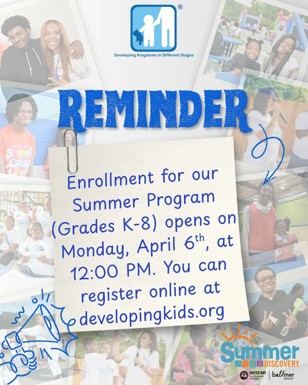 🌟 Summer at Developing K.I.D.S. is loading&hellip;

Enrollment for our K&ndash;8 Summer Program opens Monday, April 6 at 12:00 PM! ⏰
Families can register online at developingkids.org

Our 7-week in-person program runs Monday&ndash;Thursday, 8:30 AM