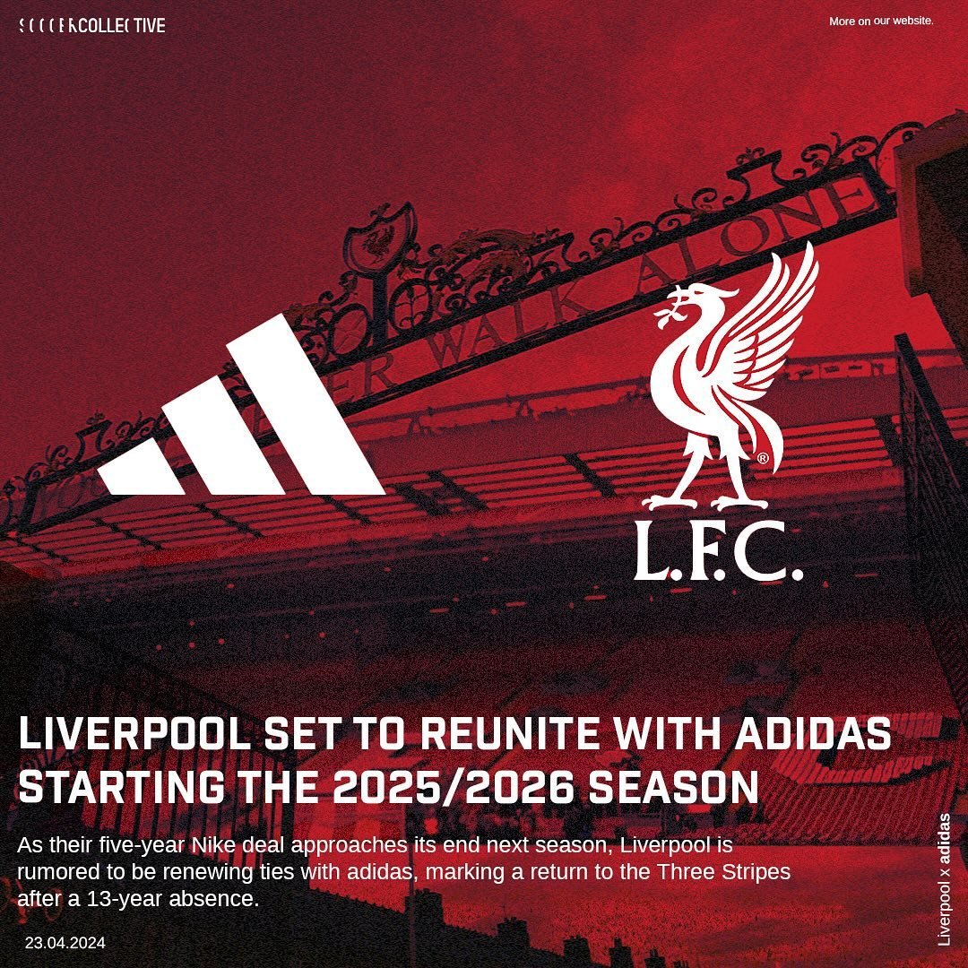 As their five-year Nike deal nears its end next season, @liverpoolfc is reportedly on the brink of returning to adidas, reigniting their partnership with the Three Stripes after a 13-year break. Reports suggest adidas secured the rights to produce Li