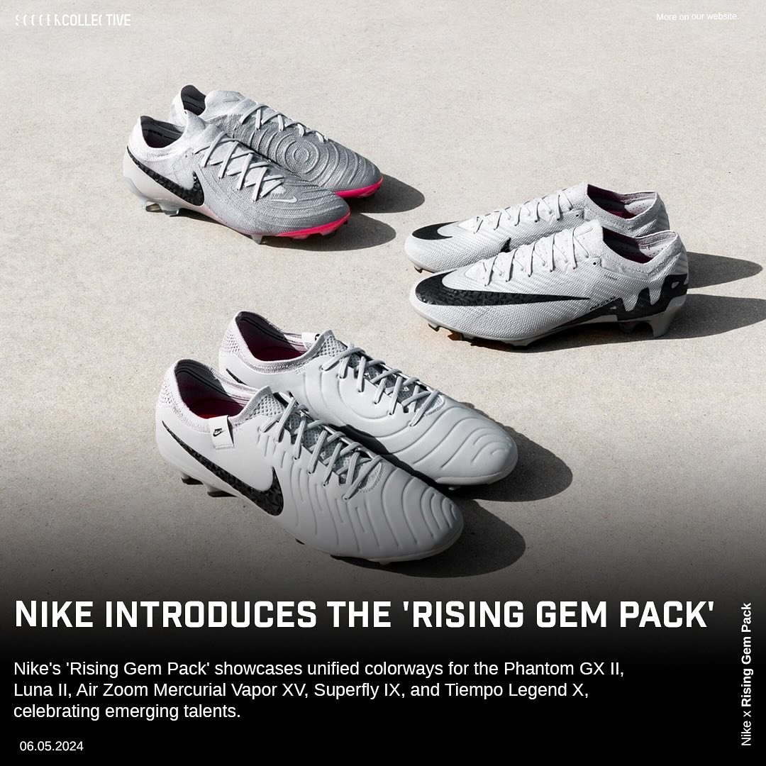 Nike debuts the &lsquo;Rising Gem Pack&rsquo;, celebrating top young players with a consistent color scheme across the Phantom GX II and Luna II, Air Zoom Mercurial Vapor XV and Superfly IX, and Tiempo Legend X. The boots feature an &ldquo;Atmosphere