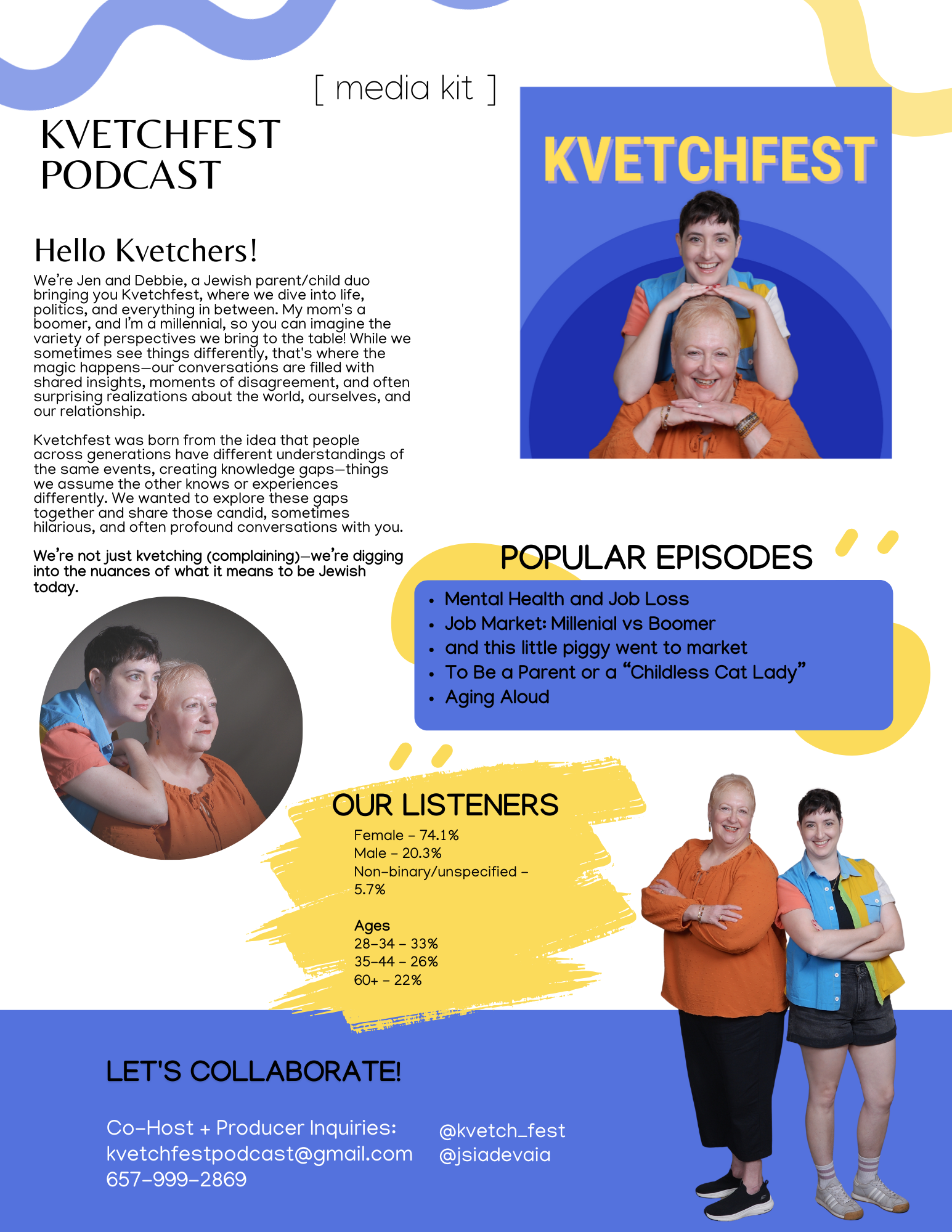 A colorful media kit poster for Kvetchfest Podcast featuring images of cohosts one older and one younger, smiling and posing together. The poster includes text about the podcast, popular episodes, listener demographics, and contact information.