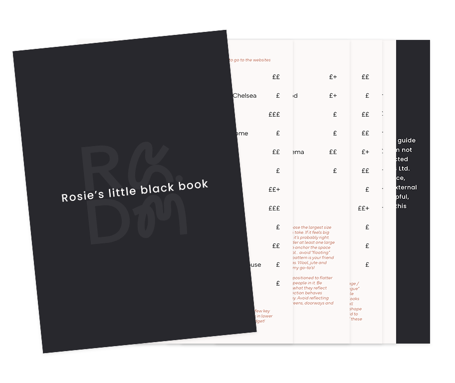Cover of Rosie’s little black book with a dark background and stylized text on the front, and pages showing a list of items with prices in pounds.