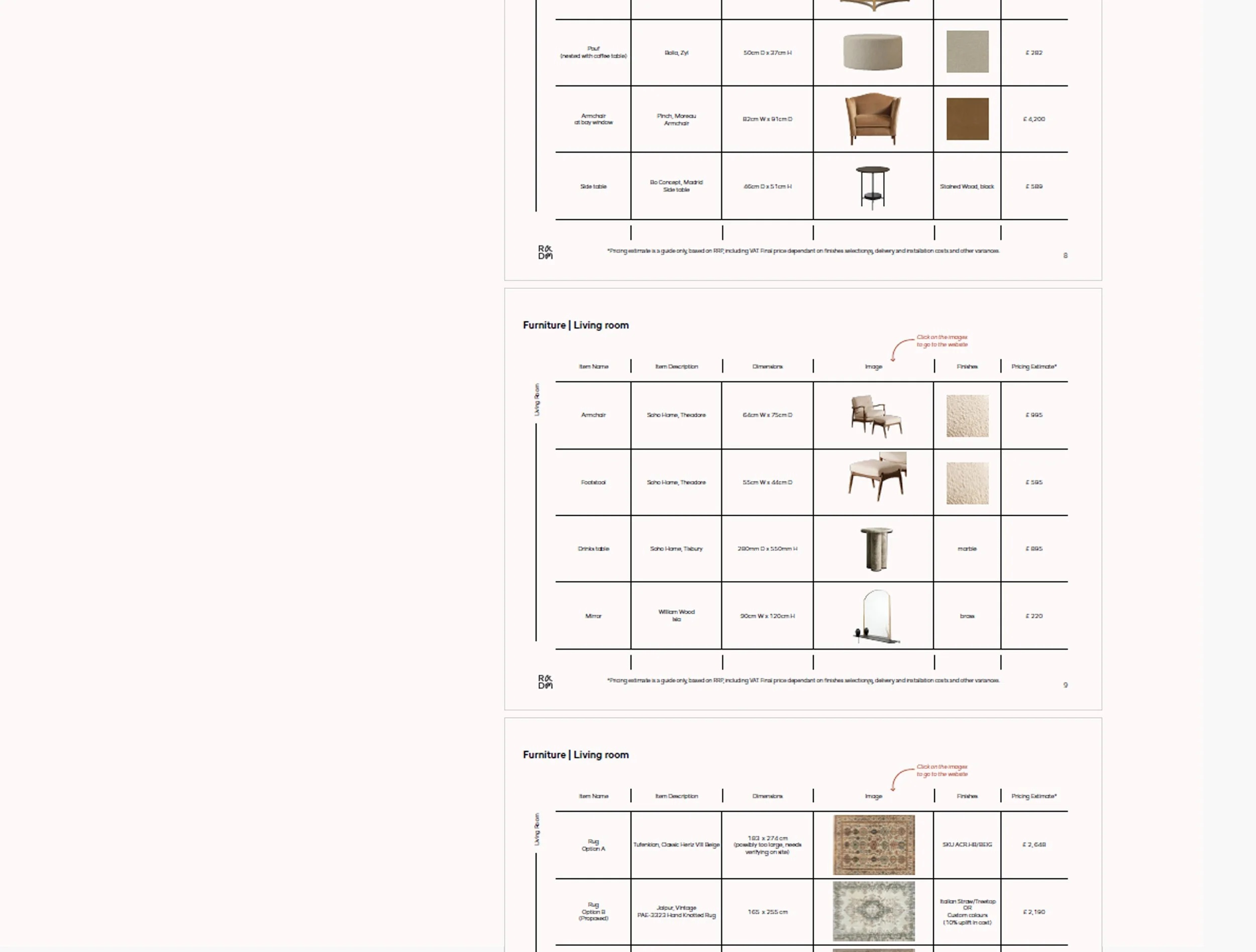A catalog page displaying various pieces of living room furniture, including an armchair, side tables, and a mirror, with descriptions, dimensions, images, and prices.