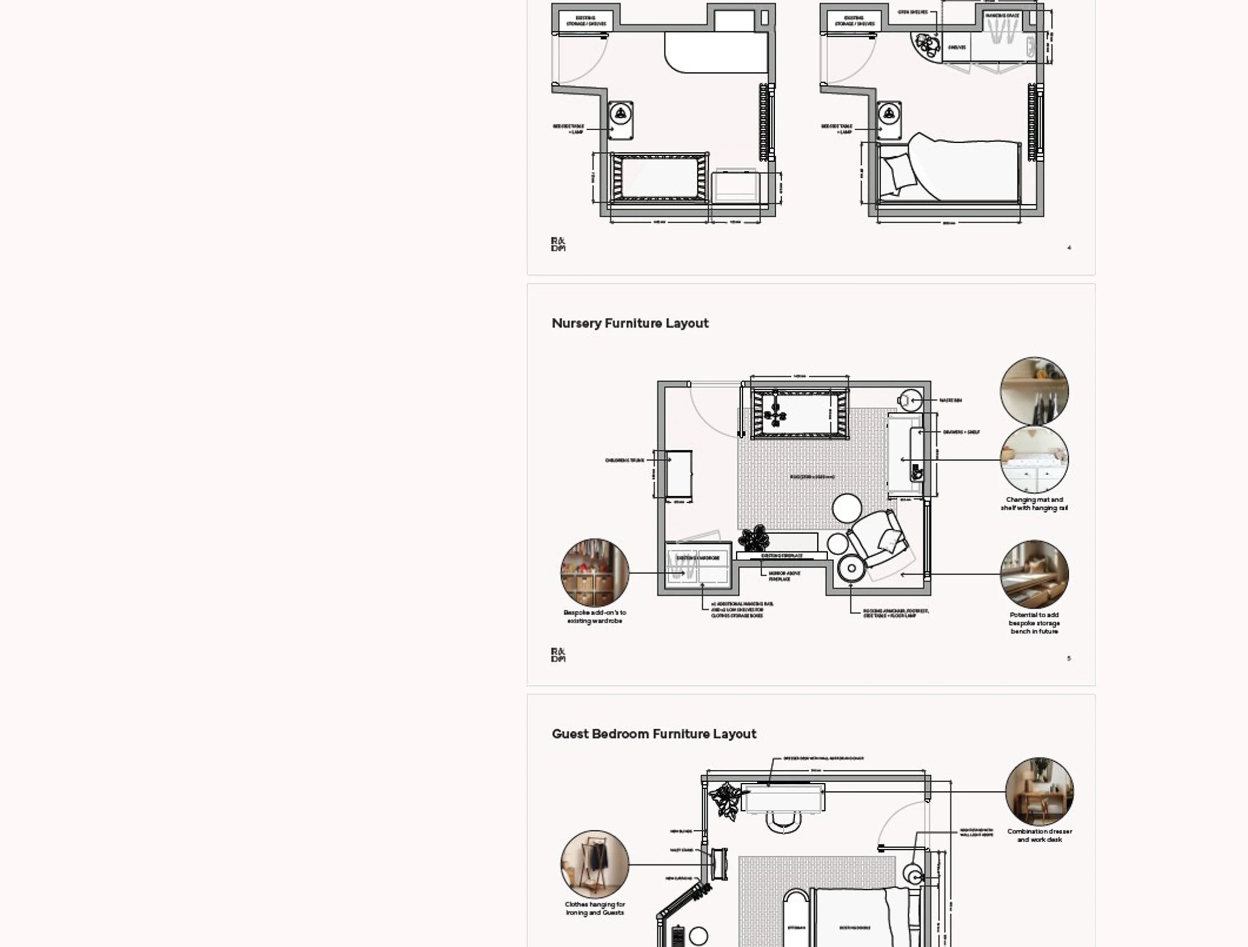 Architectural blueprints of nursery and guest bedroom furniture layouts with notes on furniture and storage options.