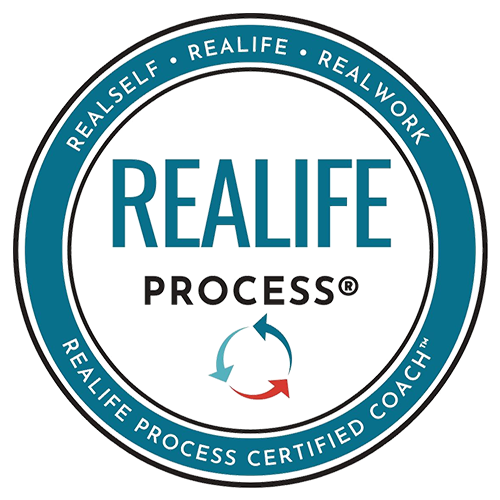Logo for REALIFE PROCESS, a certified coaching program, featuring a circular design with blue and green accents and a clock-like graphic.