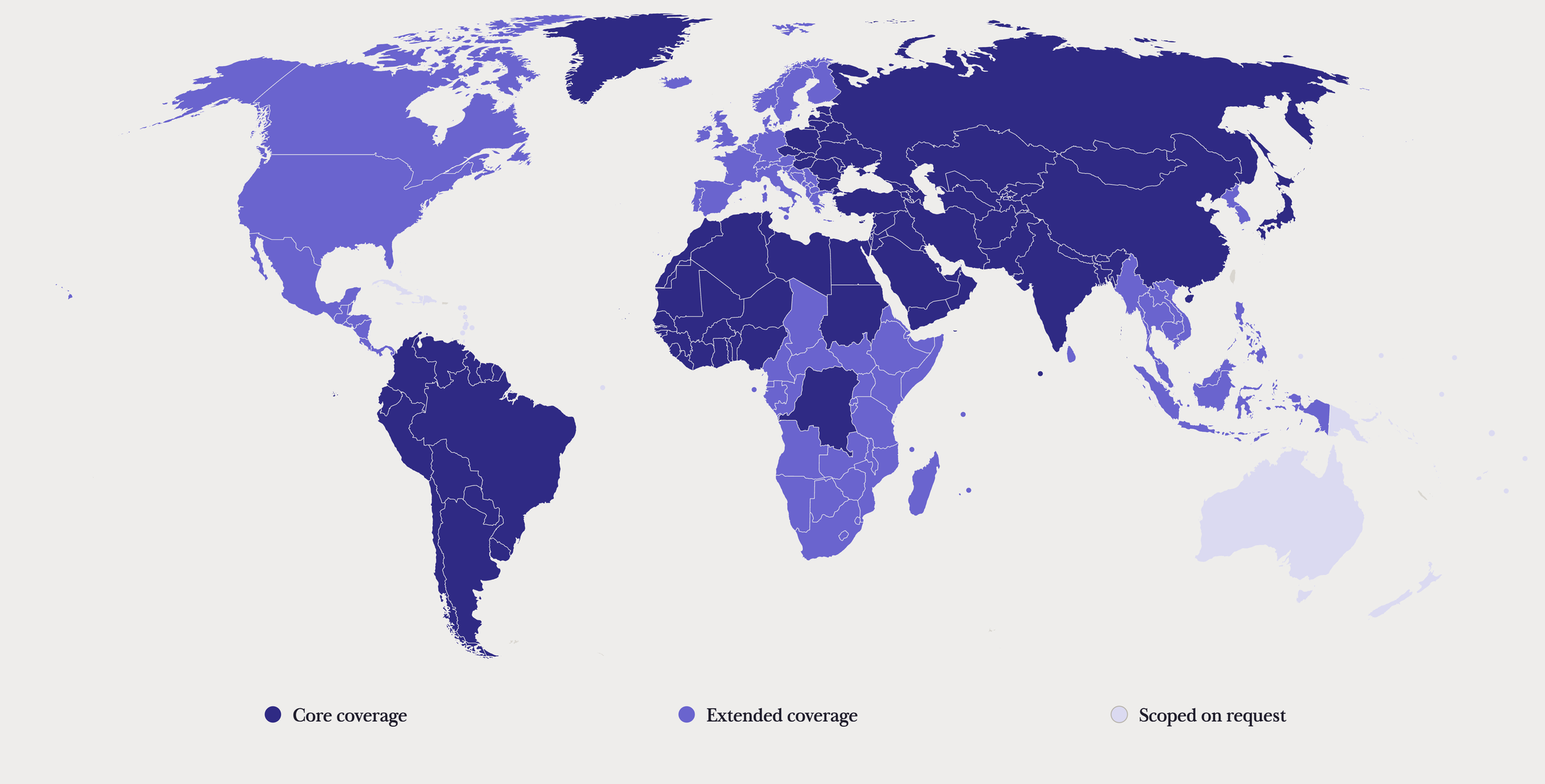 World map showing ESI's consulting coverage, with countries shaded to indicate core coverage, extended coverage, or scope on request.
