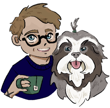 Cartoon of Melanie Armstrong, a white woman with a short blonde mohawk holding a green cup of tea and hugging a grey and white bearded collie dog.
