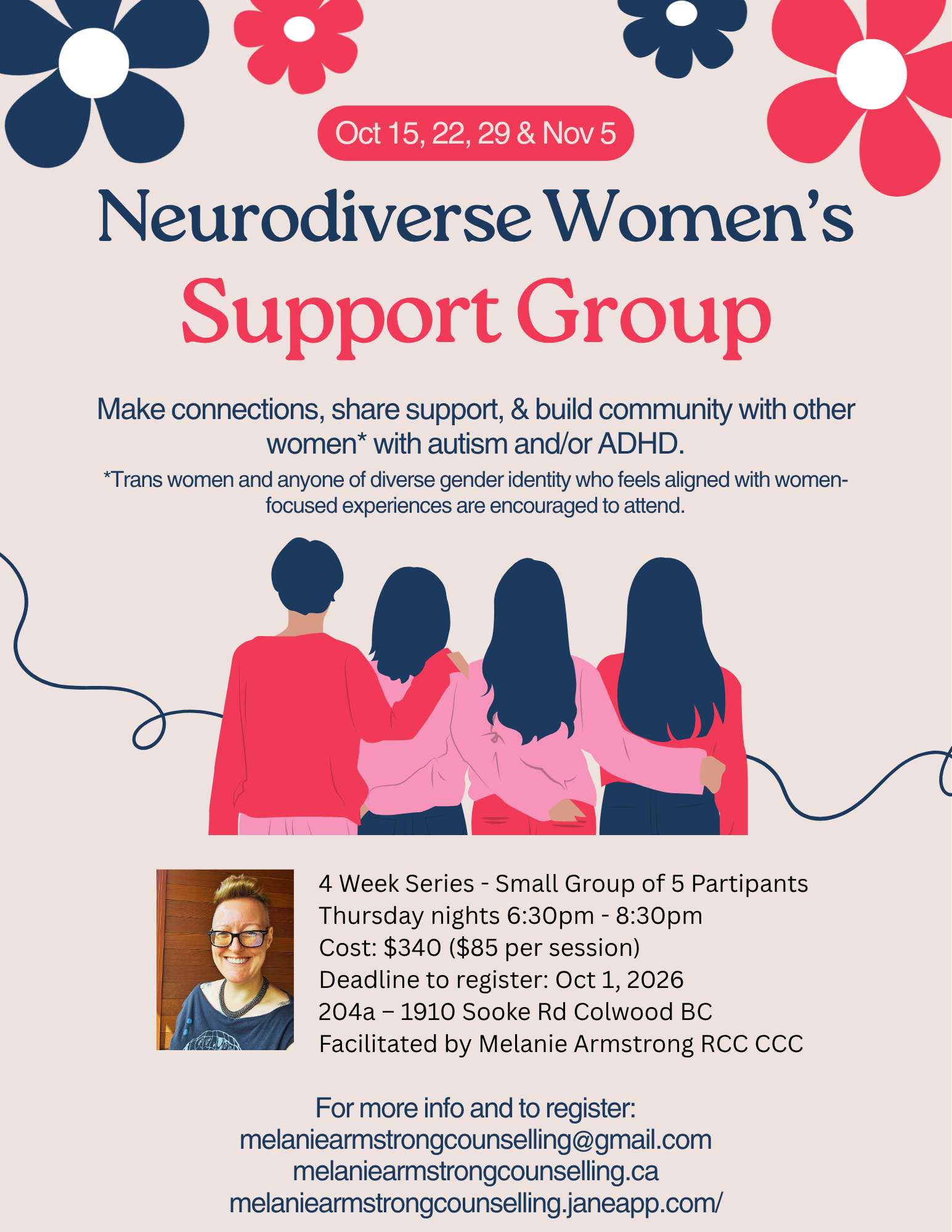 Poster image of four women with autism and ADHD supporting one another. Neurodiverse women's support group starting October 15 2026.  Make connections, share support and build community in this small, in-person group workshop series in Colwood BC.