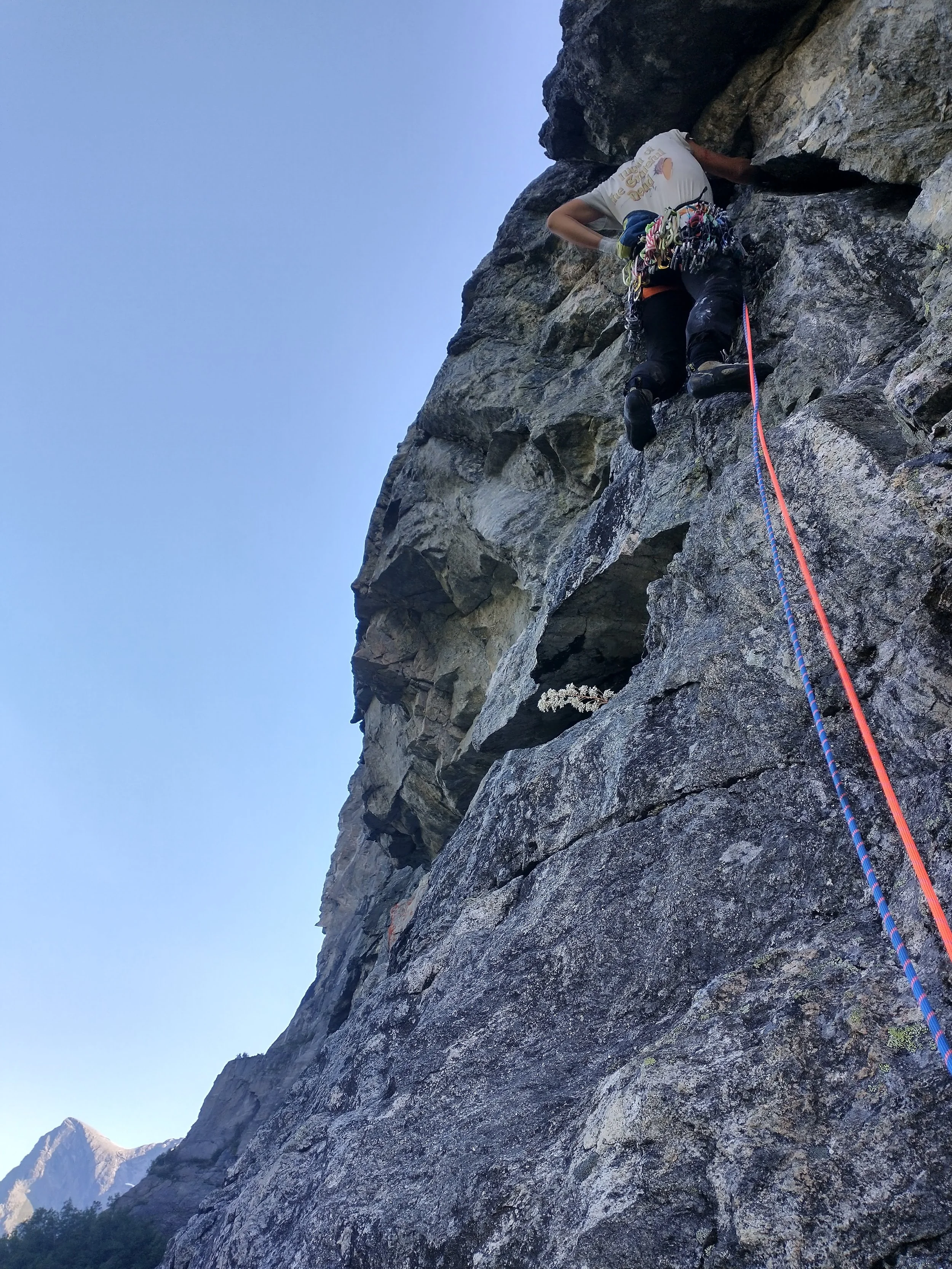 En fjellklatrer klatrer opp en steinvegg med fjell i bakgrunnen, iført klatreutstyr og sikrer seg med tau.
