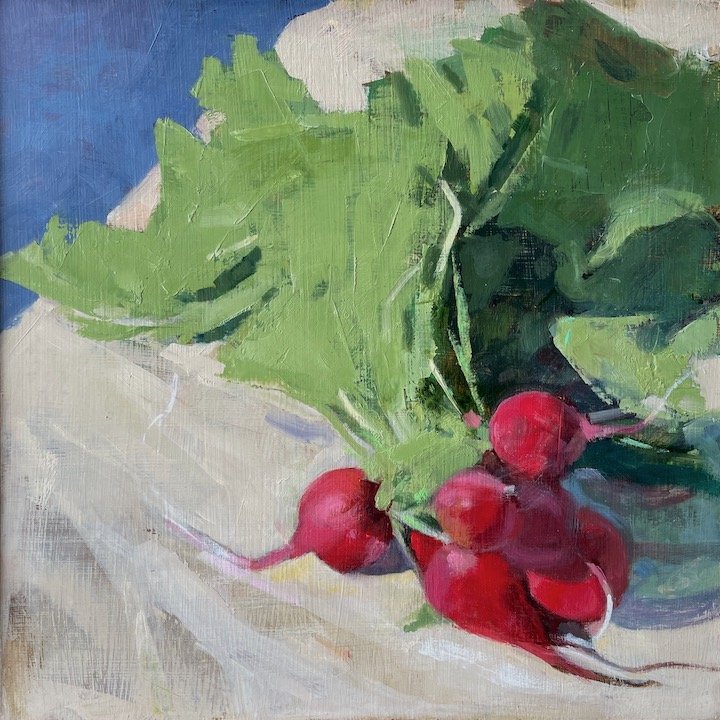  radishing  oil on board  10” x 10” 