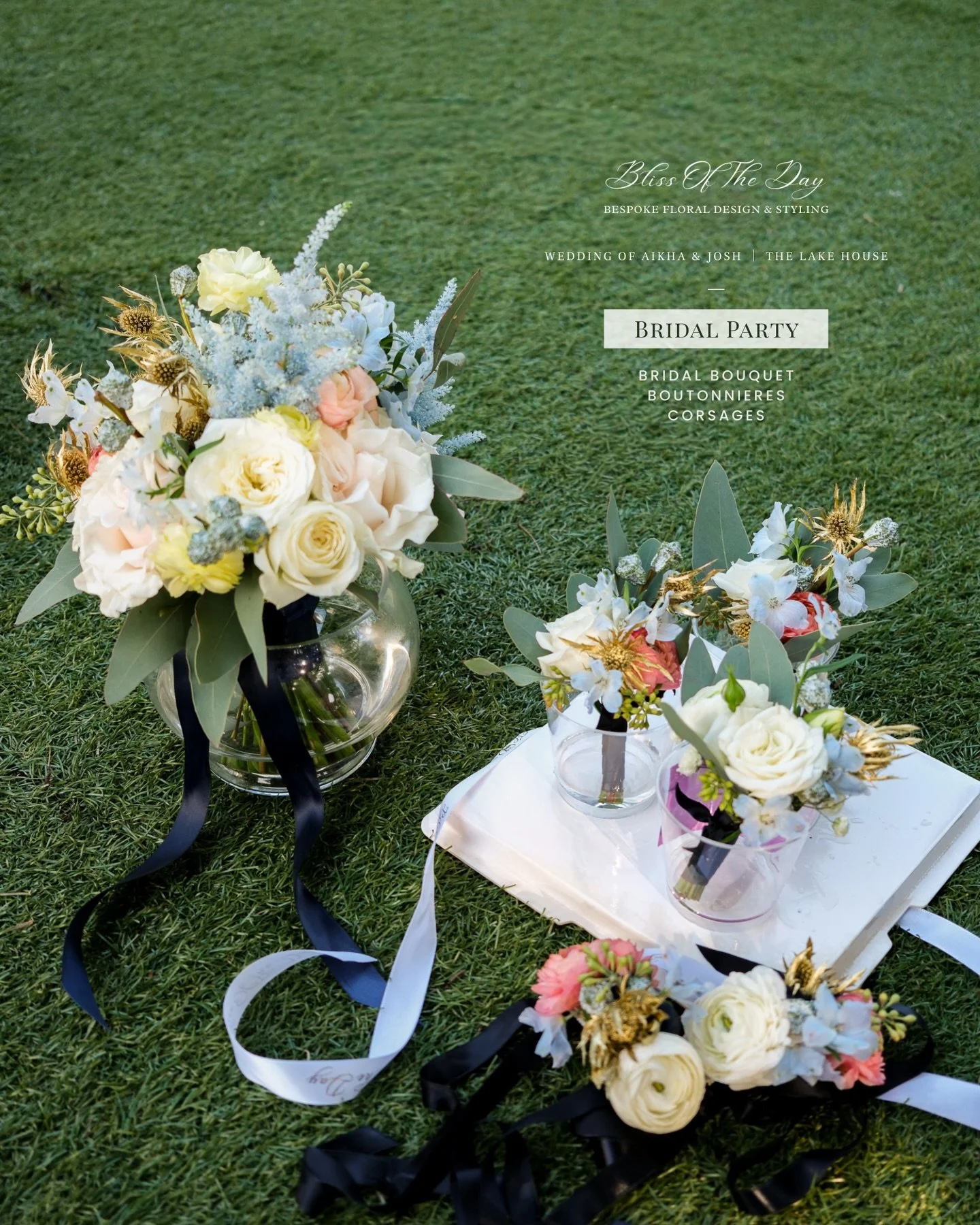 Wedding florals for Aikha &amp; Josh at The Lake House⛲️
Designed a full, modern round bridal bouquet with soft whites, champagne tones, gentle blues and subtle gold accents, finished with deep navy ribbons to echo the overall palette. 

Textural det