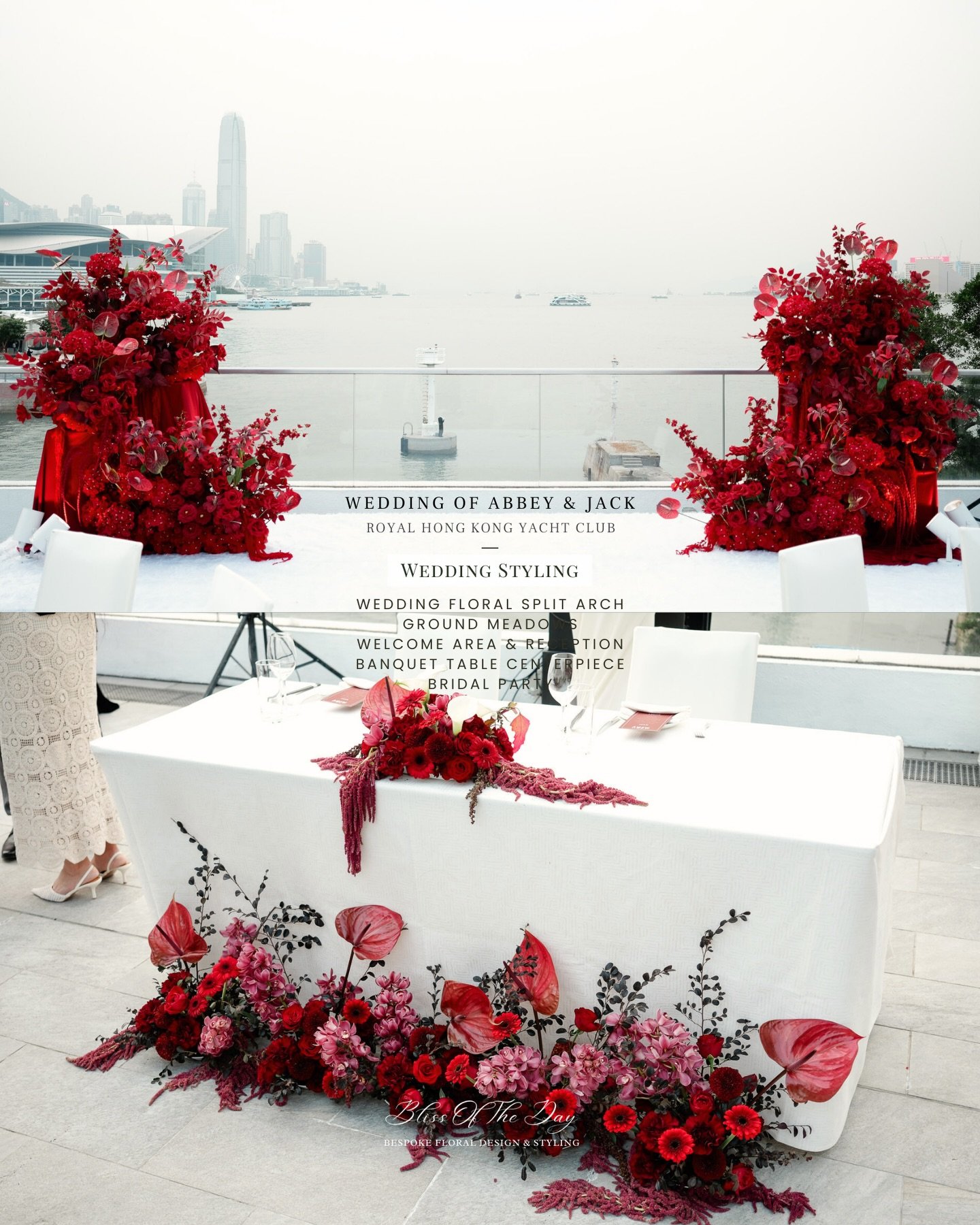 For Abbey &amp; Jack&rsquo;s daytime ceremony at the Royal Hong Kong Yacht Club @rhkyc , we carried the same bold palette into the space 🌹 split floral arches, grounded meadow arrangements, and layered reds set against the harbour backdrop.

And whe