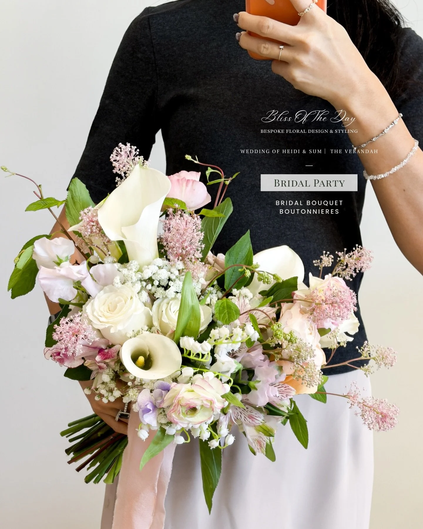 The Wedding of Heidi &amp; Sum | Bridal Bouquet

Soft whites, blush, and peach tones, finished with fresh garden greenery.

Designed with roses and calla lilies, paired with baby&rsquo;s breath, sweet peas, and seasonal blooms for an airy, dreamy, an