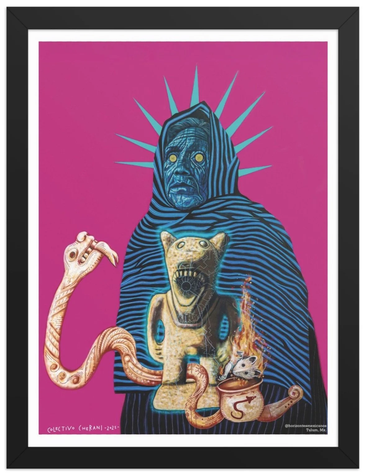 A surreal artwork featuring a figure with a blue textured face and glowing eyes, wearing a striped hooded cloak with spike-like extensions behind it. A lion-headed creature with a fierce expression is in front, and various snakes, a rat, and a burning cauldron are also present against a pink background.