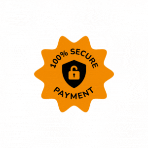 An orange badge with a black lock symbol in the center, and the words "100% Secure Payment" around it.