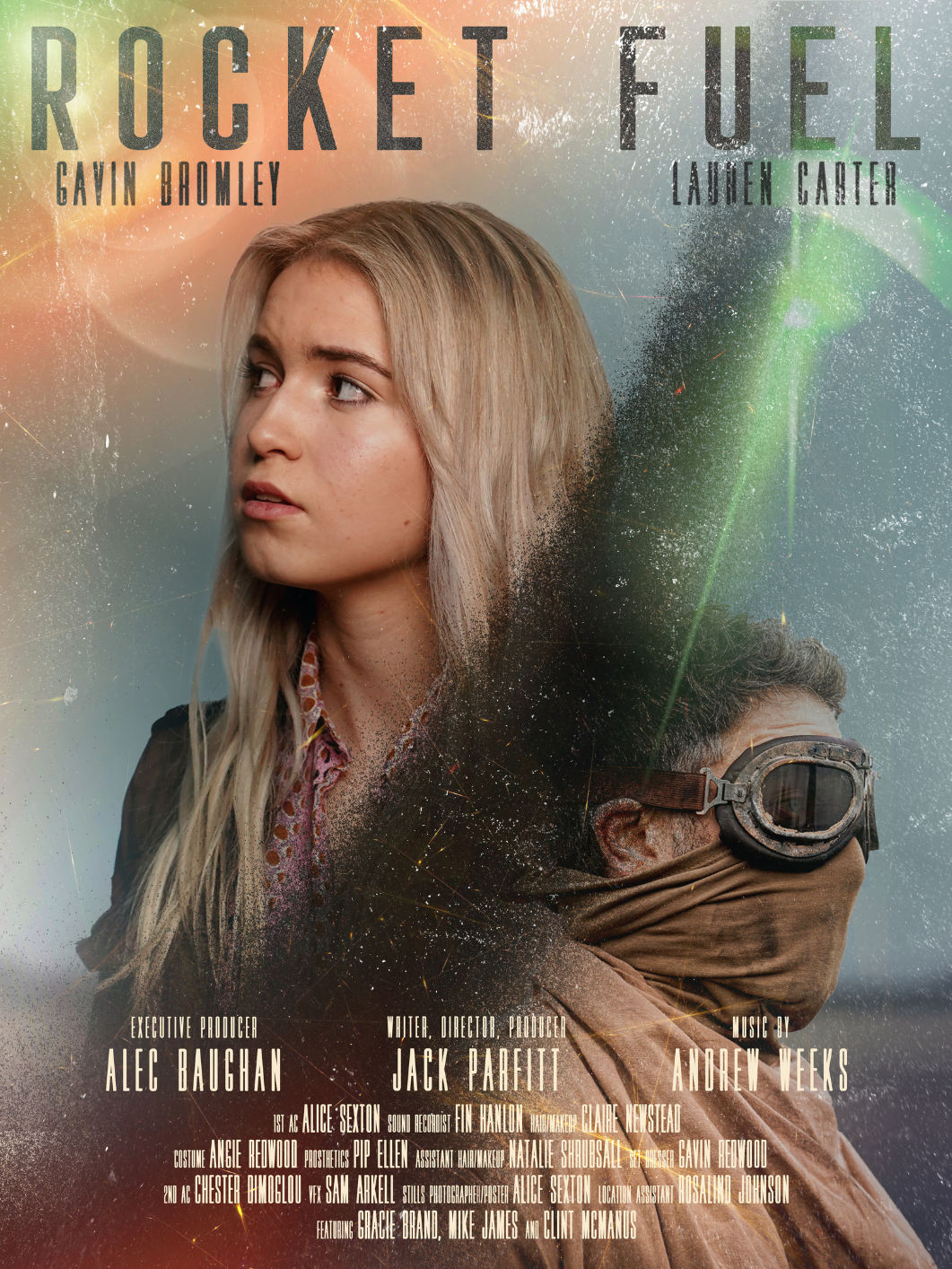 A promotional poster for the movie 'Rocket Fuel' by film director Jack Parfitt. The background has a cosmic, space-like theme with bright colors and star-like specks.