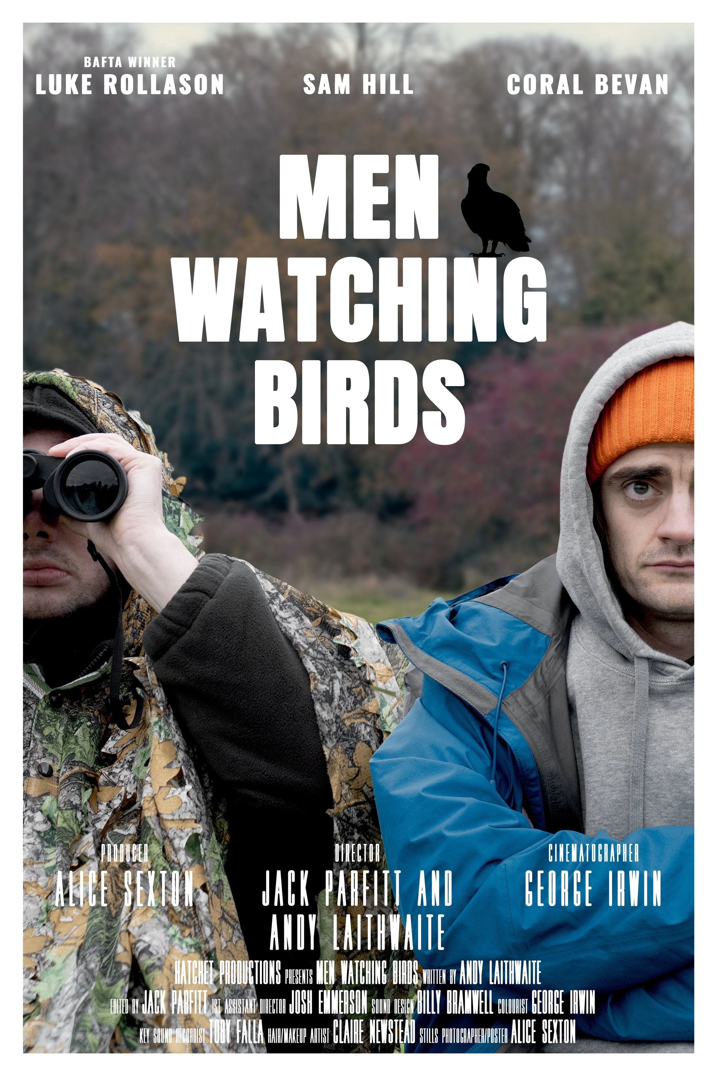 Poster for the film 'Men Watching Birds' featuring two men in outdoor clothing, with one holding binoculars and both looking attentively. The background shows a natural outdoor setting with trees.